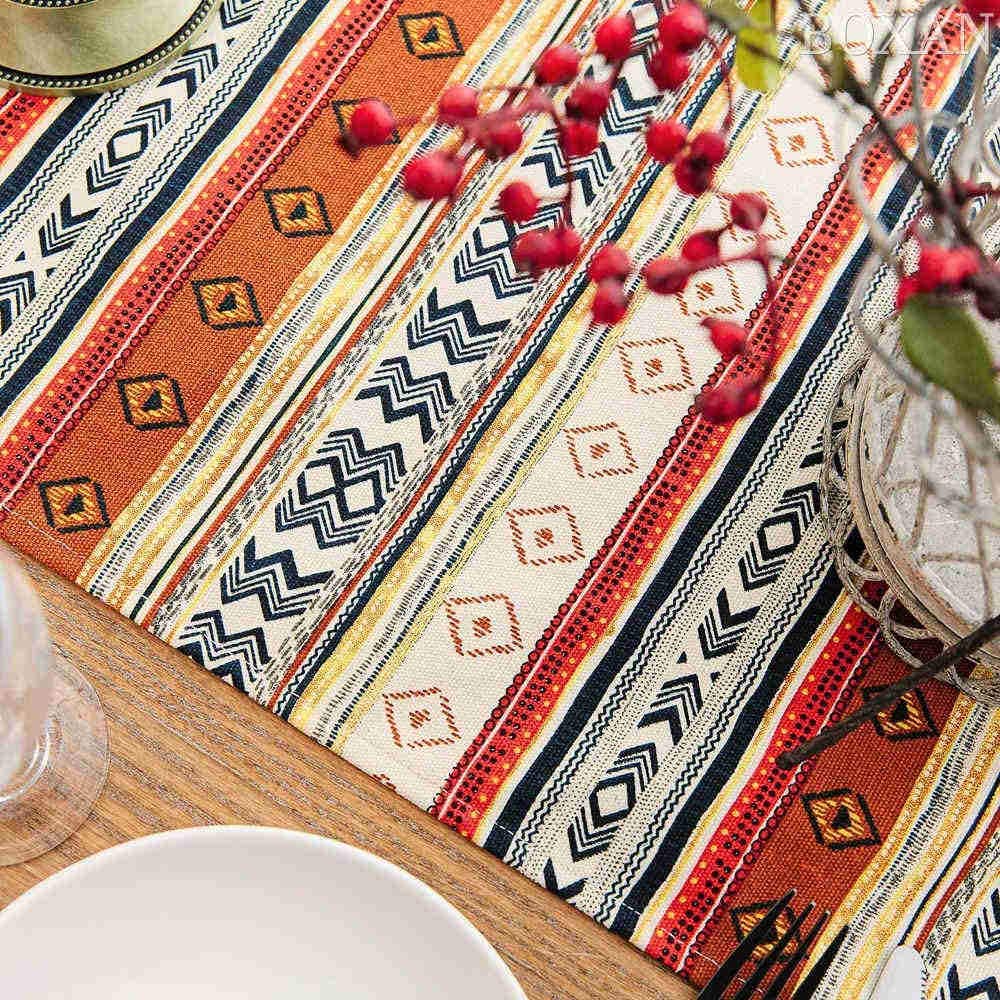 Boxan Antique Southwestern Native Design Table Runner Cloth, Boho Cotton Geometric Striped Pattern Tribal Table Cover For Farmho