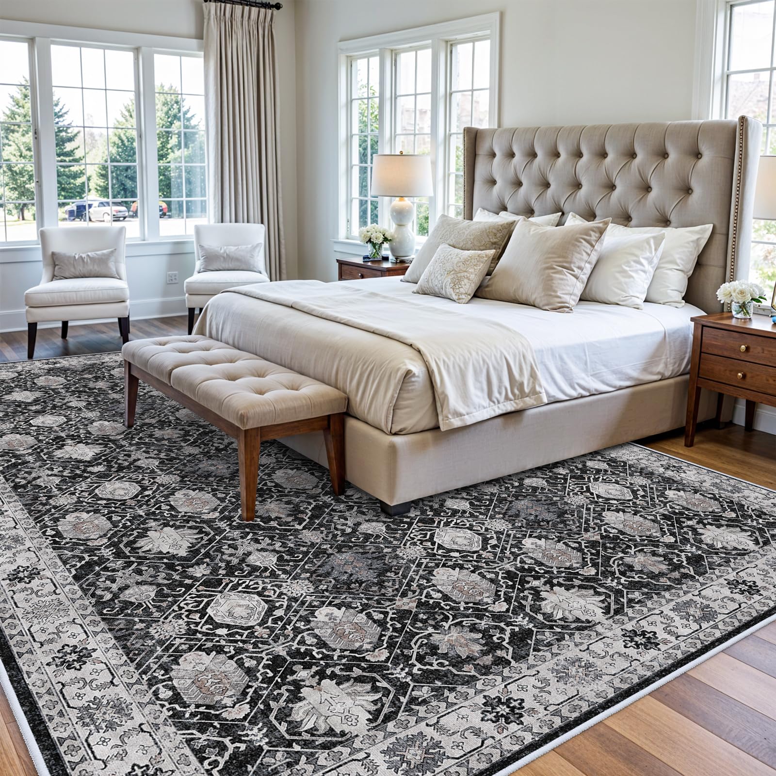 Washable Large 9x12 Area Rug: Indoor Oriental Living Room Carpet with Non Slip Backing Ultra Soft Low Pile Rugs for Bedroom Dini