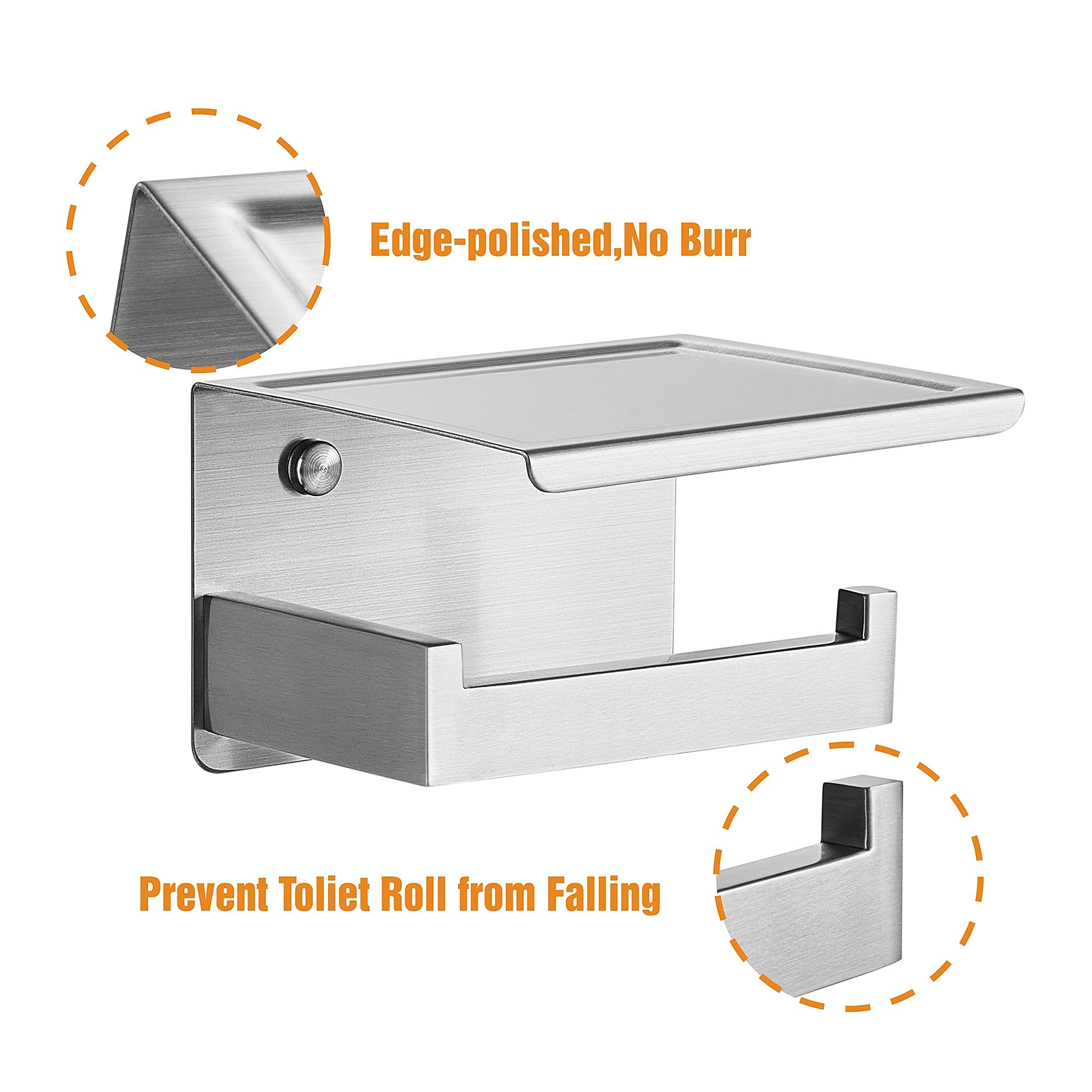Hitslam Brushed Nickel Toilet Paper Holder, Stick On Silver Toilet Paper Holder With Shelf, Self Adhesive No Drill Or Wall-Mount