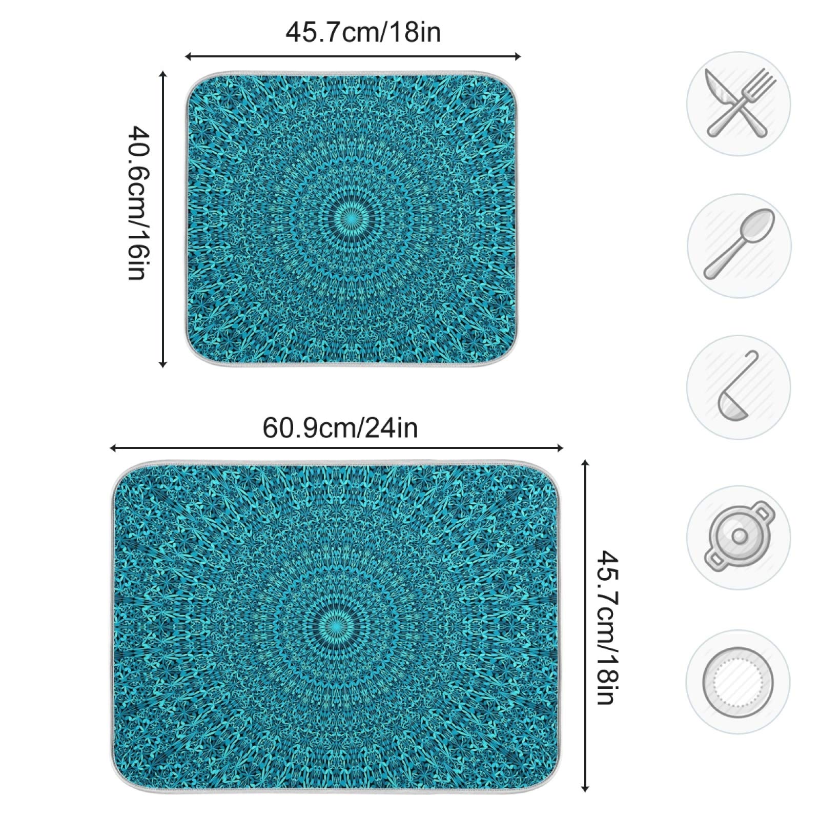 Super Absorbent Dish Drying Mat Microfiber Fast-Drying Dish Mat 16'' X 18'' Kitchen Dish Drying Pad Mandala Turquoise Teal Blue