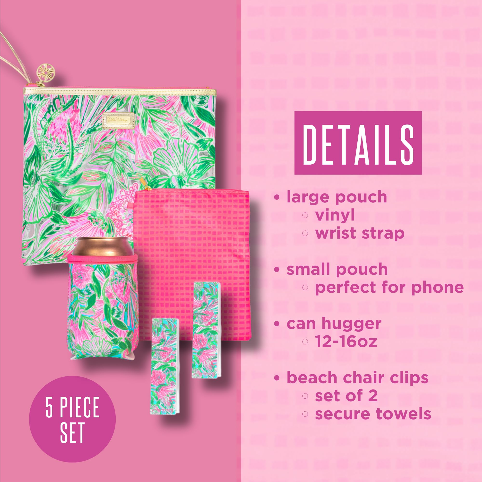 Lilly Pulitzer Water Resistant Vinyl Beach Day Pouch, Zipper Bag Includes Drink Hugger, Small Pouch, And Towel Clips, Coming In