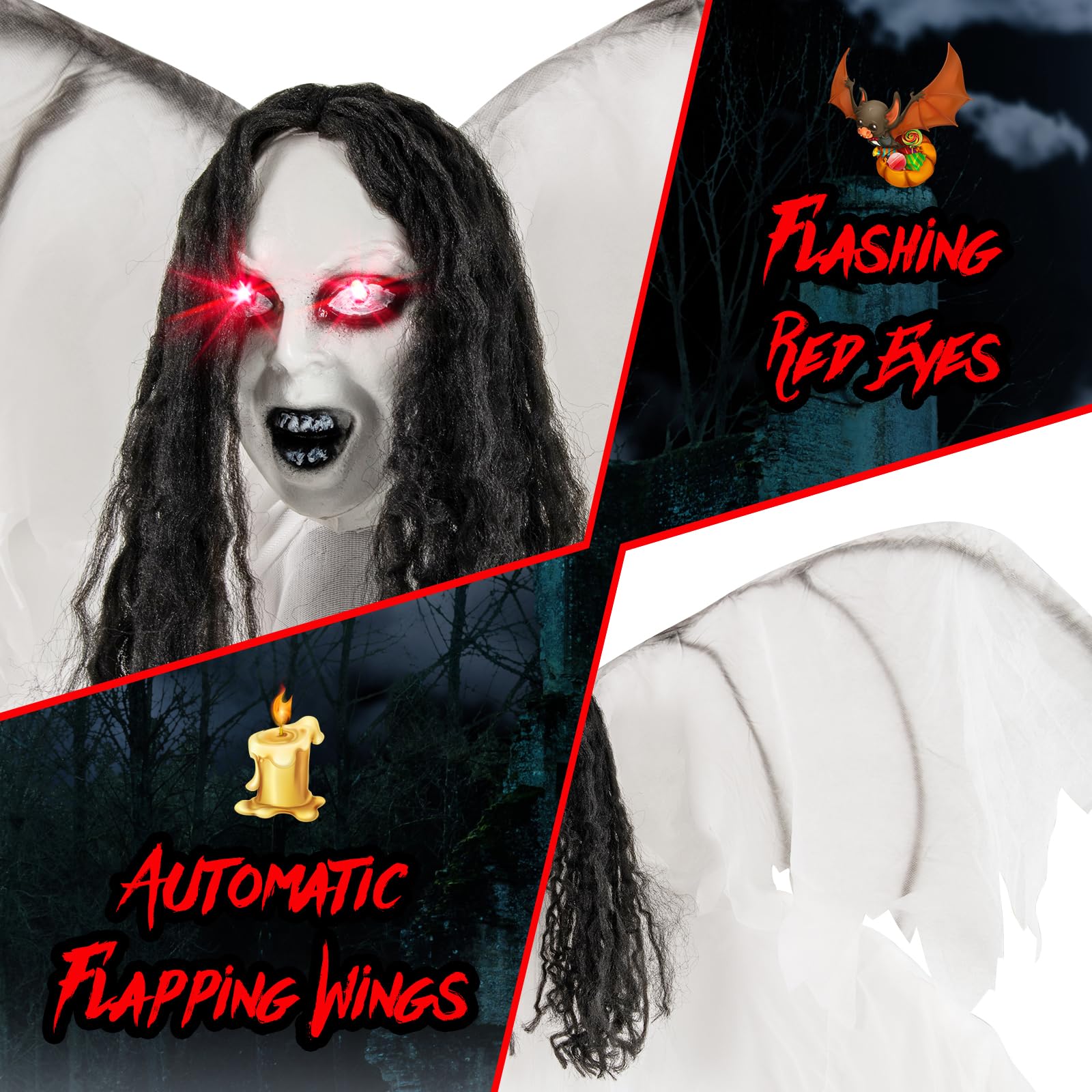 Tangkula Halloween Animatronic Standing Angel, 6.6 FT Haunted House Decoration w/Sound-Activated Light-up Eyes, Sounds & Flappin