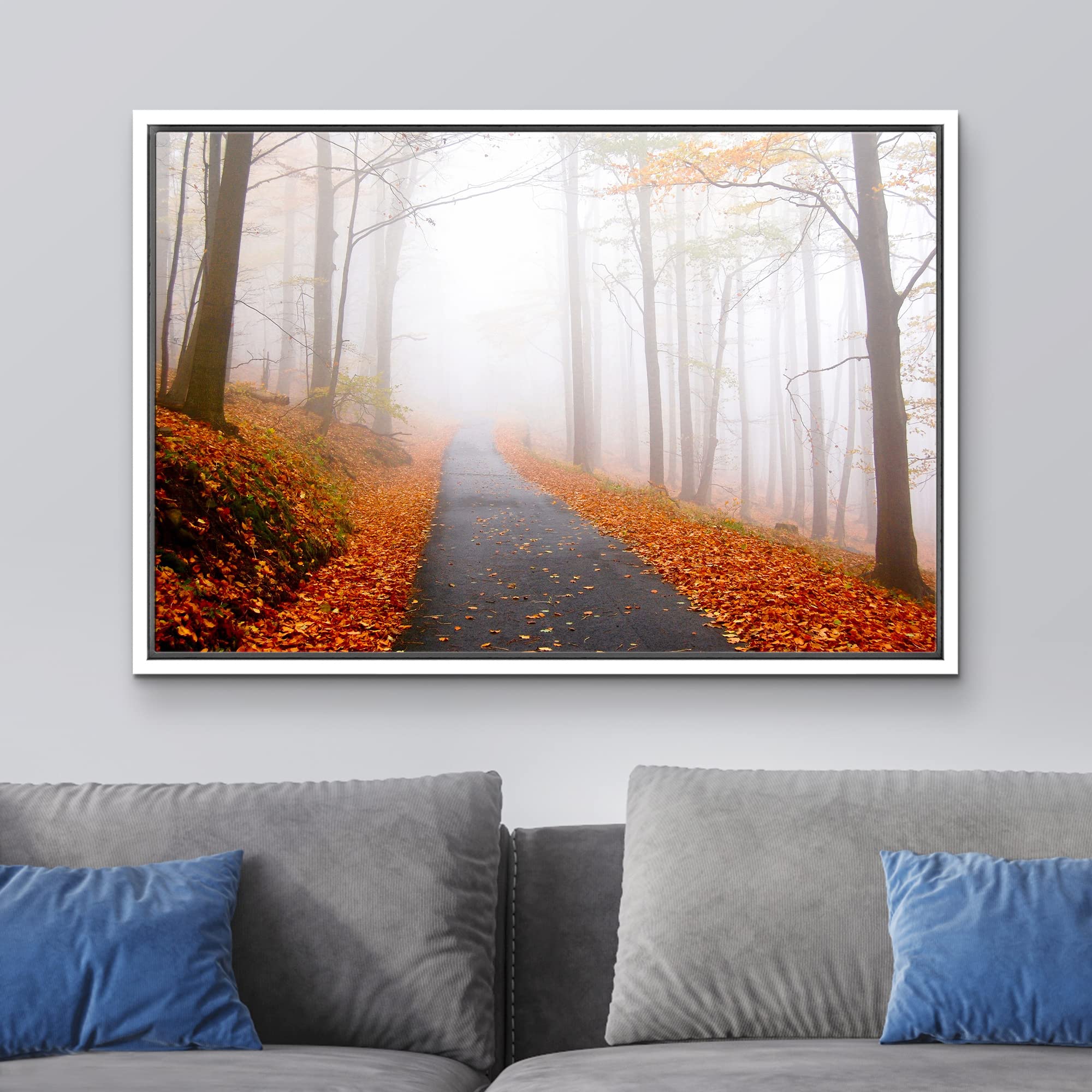 wall26 Framed Canvas Print Wall Art Foggy Autumn Forest Path with Orange Leaves Nature Wilderness Photography Modern Art Rustic Scenic Colorful for Living Room  Bedroom  Office - 24''x36'' White