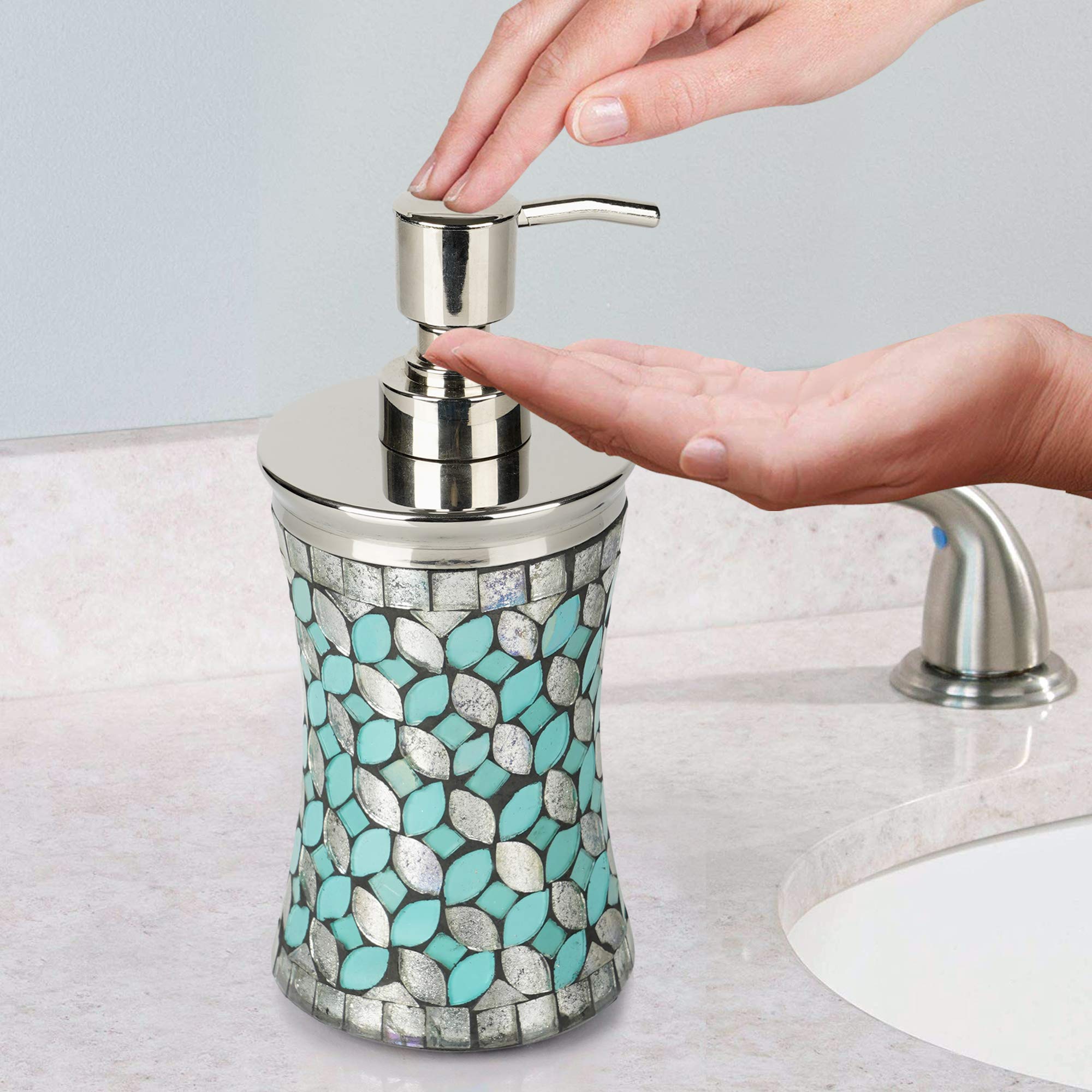 Nu Steel Sea Foam Soap/ Lotion Pump Dispenser In Aqua Blue/Silver Glass Mosaic/ Stainless Steel For Bathrooms & Vanity Spaces