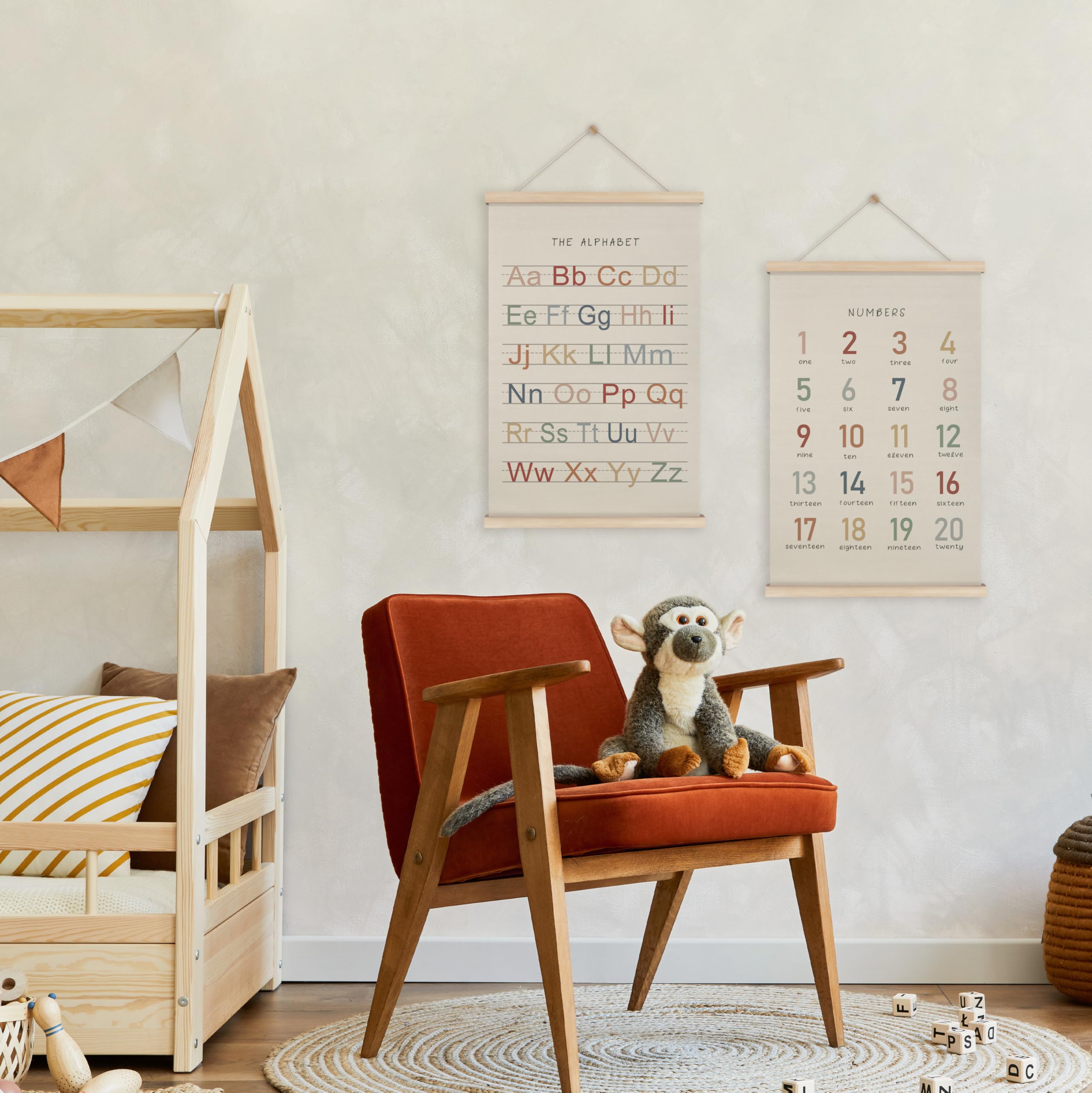 Hrqko Alphabet Numbers Poster Hanger Frame Set Of 2, Nursery Wall Decor, Boho Abc Poster Wall Art With Wooden Frames, Alphabet B