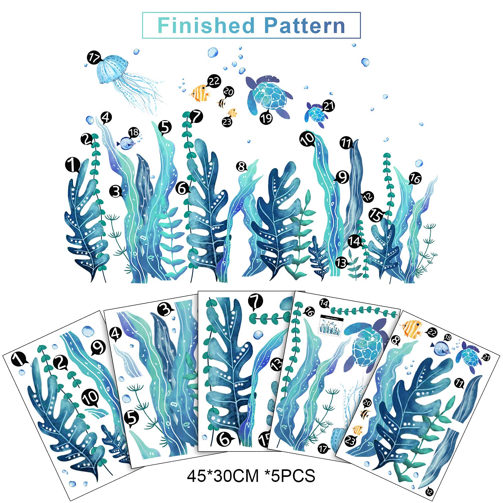 Tenare Ocean Sea Turtle Wall Decals - Removable Vinyl Stickers for Bedroom & Nursery, Blue, 5 Sheets