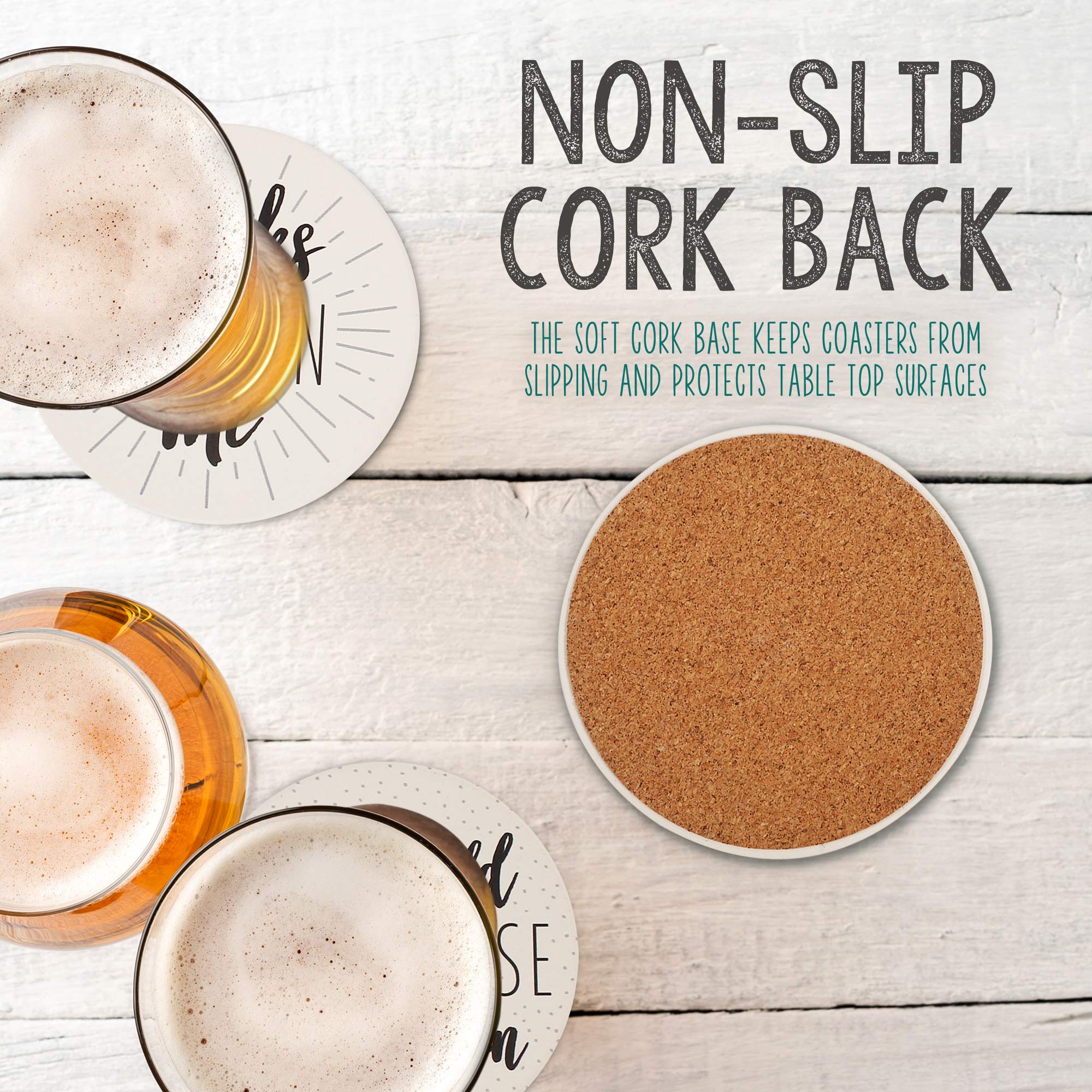 Lotfancy Funny Coasters For Drinks Absorbent With Holder, 6Pcs Ceramic Coasters With Cork Base, Round Coasters With 6 Sayings, N