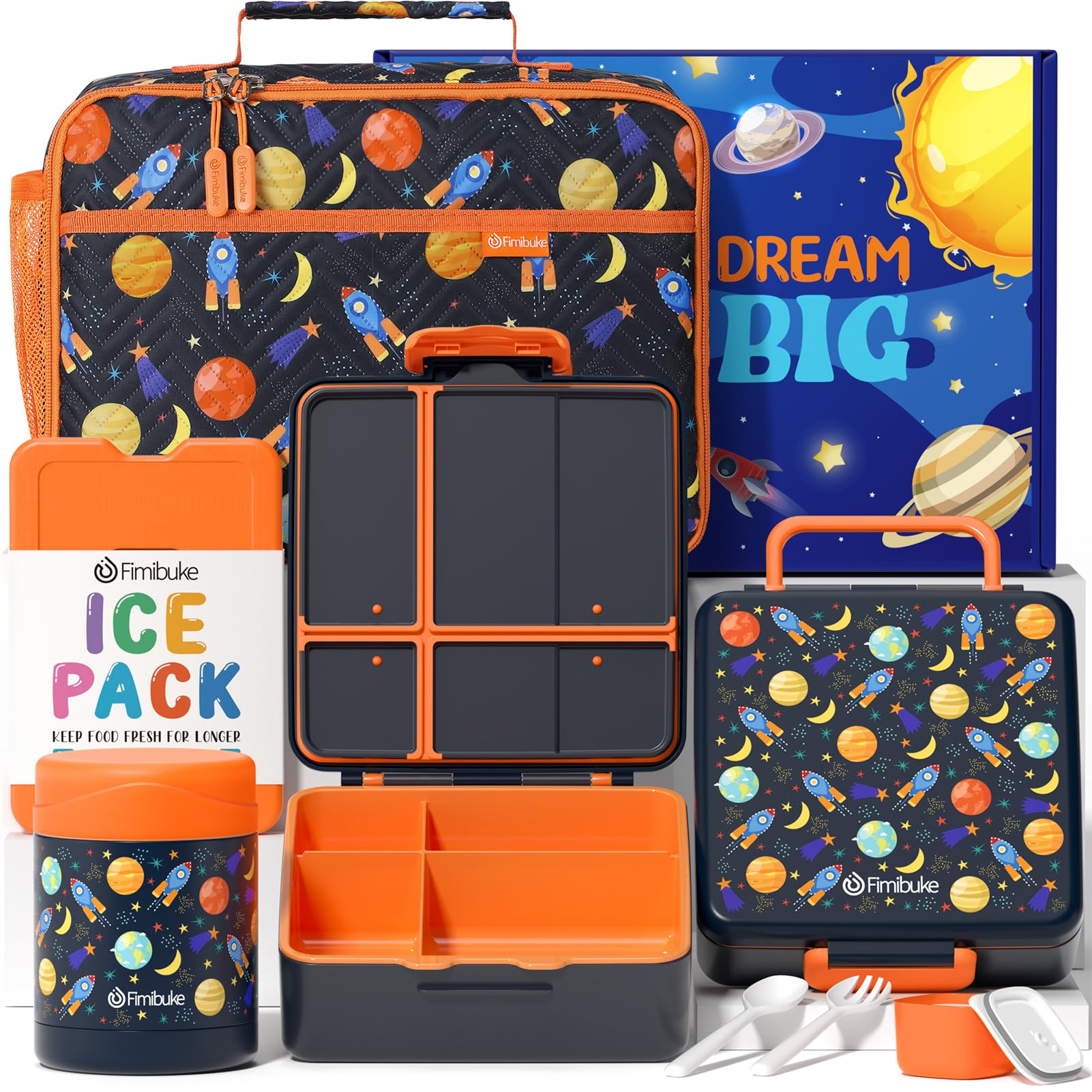 Fimibuke Kids Bento Snack Lunch Box With 4 Compartment, Insulated Lunch Bag, Stainless Steel Vacuum Thermos Food Jar, Ice Pack,