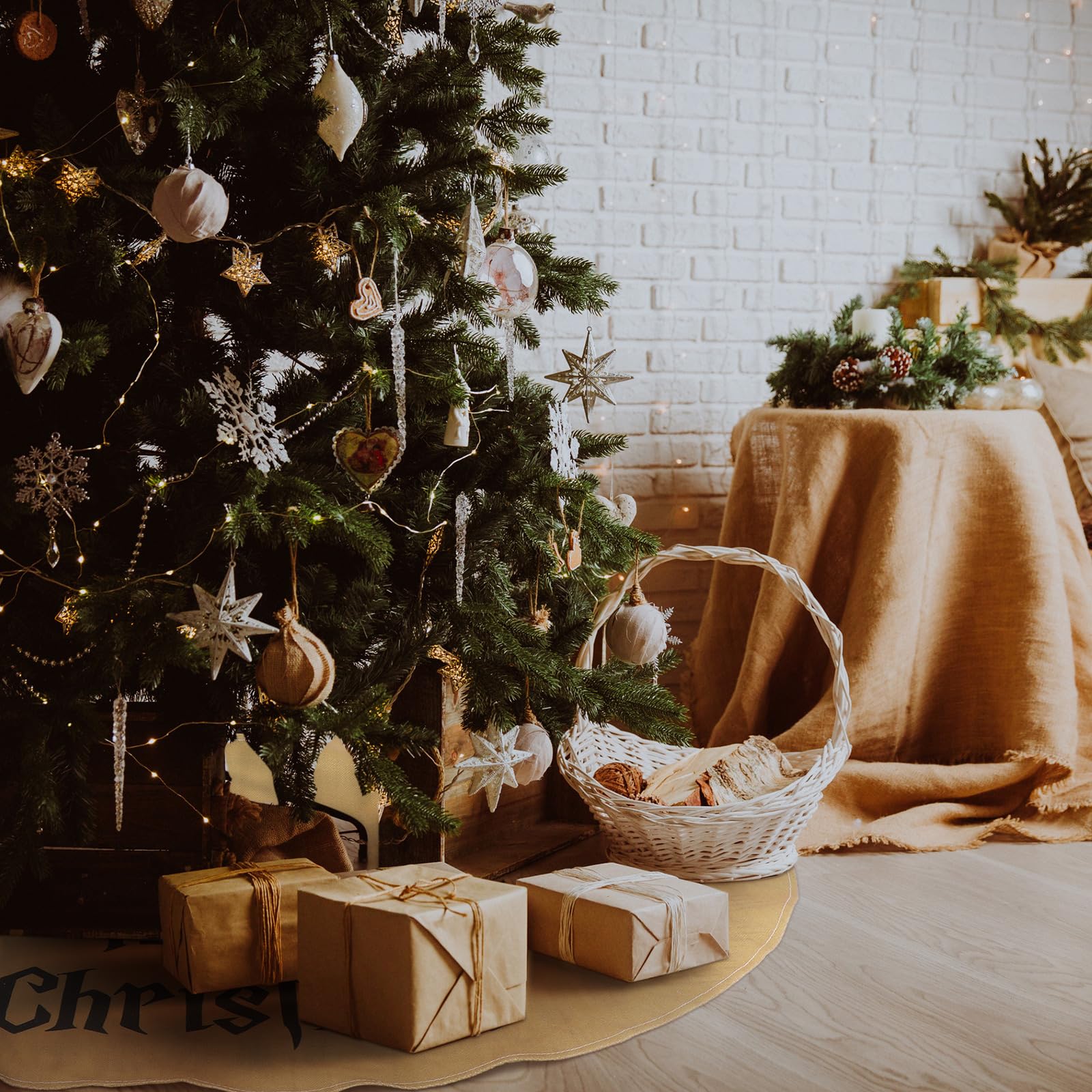 Arrowbash Wizard Christmas Tree Skirt 48 Inches Large Burlap Double Layer Plain Footprint Tree Skirts Rustic Jute Wired Christma