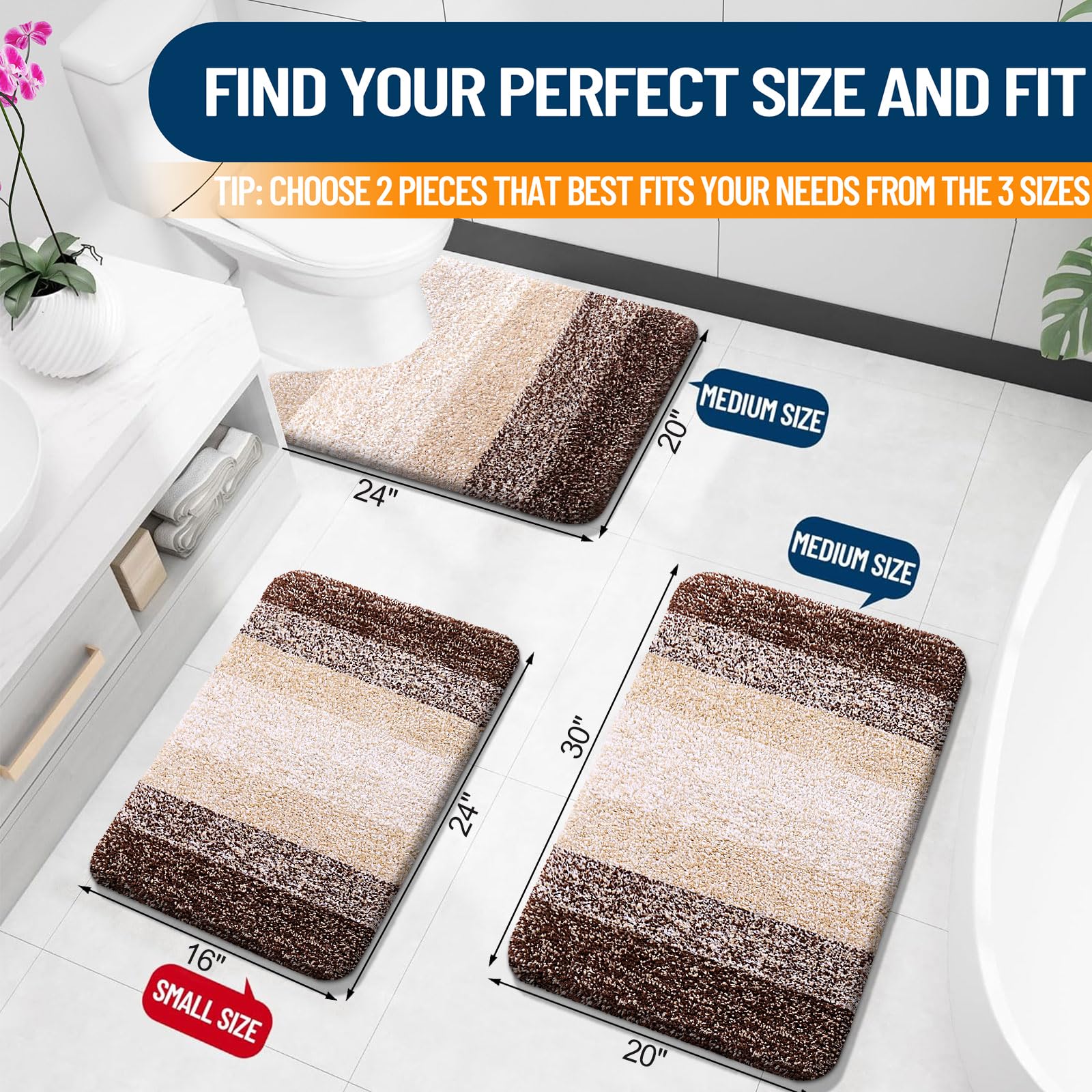 Olanly Luxury Bathroom Rug Set 2 Piece, Soft Absorbent Microfiber Bath Rugs And U-Shaped Contour Toilet Rug, Non-Slip Bath Carpe