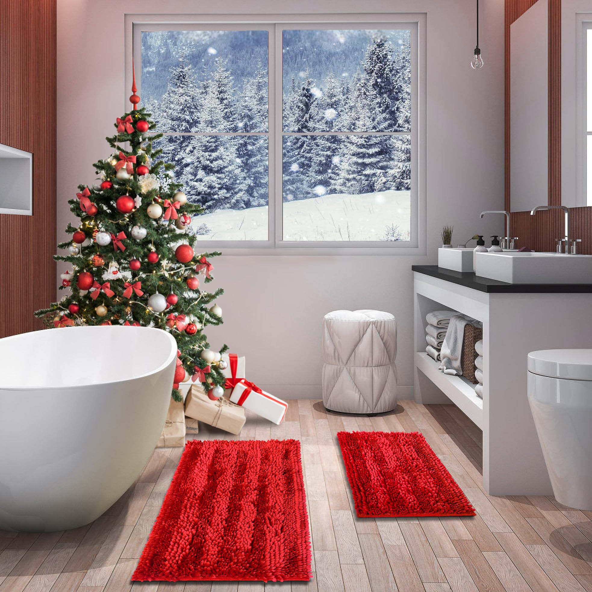 Civkor Red Bathroom Rugs Bath Mat Rug Set 2 Piece Butter Chenille  Shiny Noodle Bathroom Mats 31x20 and 24x16 Inch with Non Slip Backing  Super Water Absorbent  Machine Washable