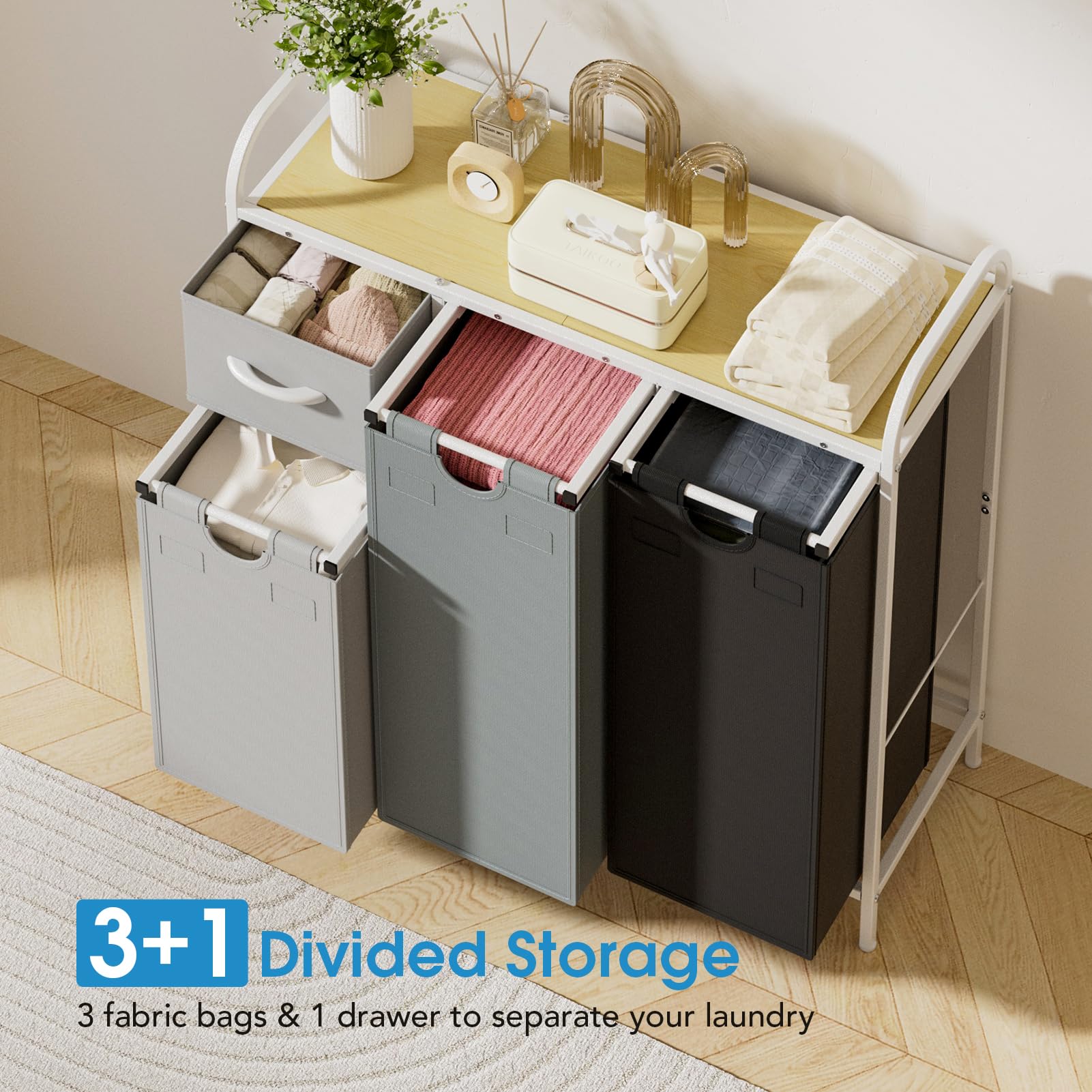Yecaye Laundry Sorter 3 Section, Laundry Hamper With Shelf And 1 Drawer, 35.7Gal(135L) Laundry Basket Organizer, Pull-Out And Re