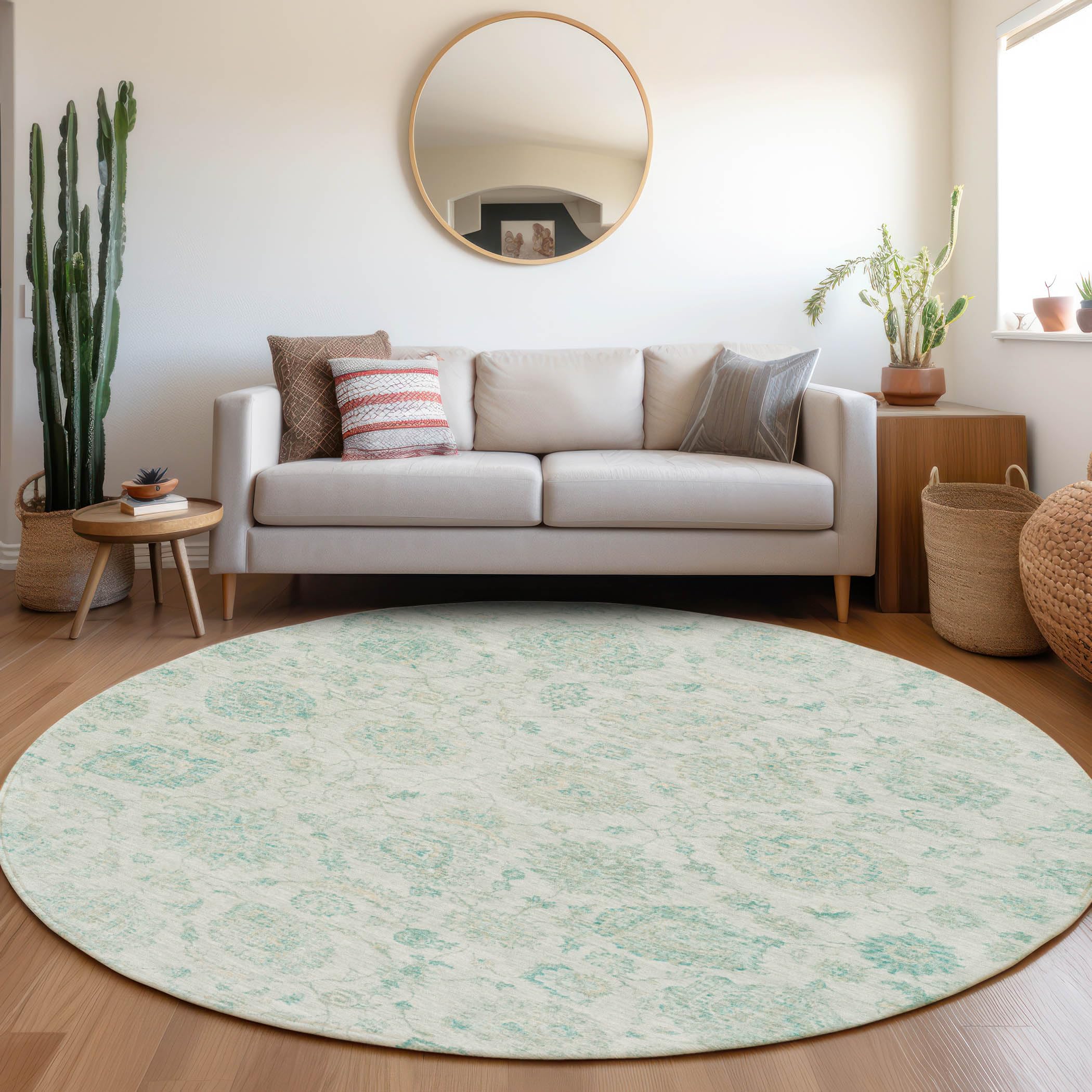 Machine Washable Indoor/Outdoor Chantille Turquoise 8 x 8 Round Rug