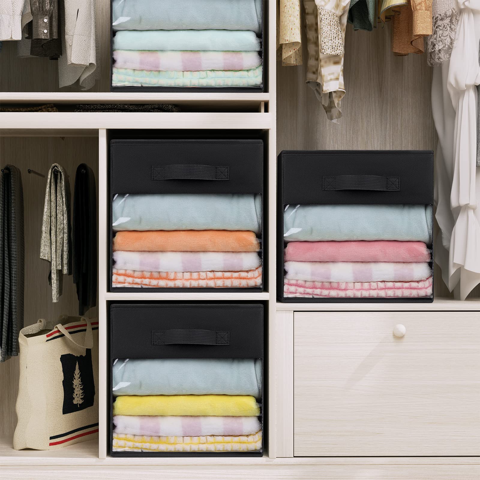 DIMJ Collapible Storage Cubes  12 Inch Cube Storage Bins with Window  Fabric Bins Baskets for Shelves  Foldable Cube Storage Organizer Cube Bins for Closet  Shelves  Home  Office  3 Packs  Black