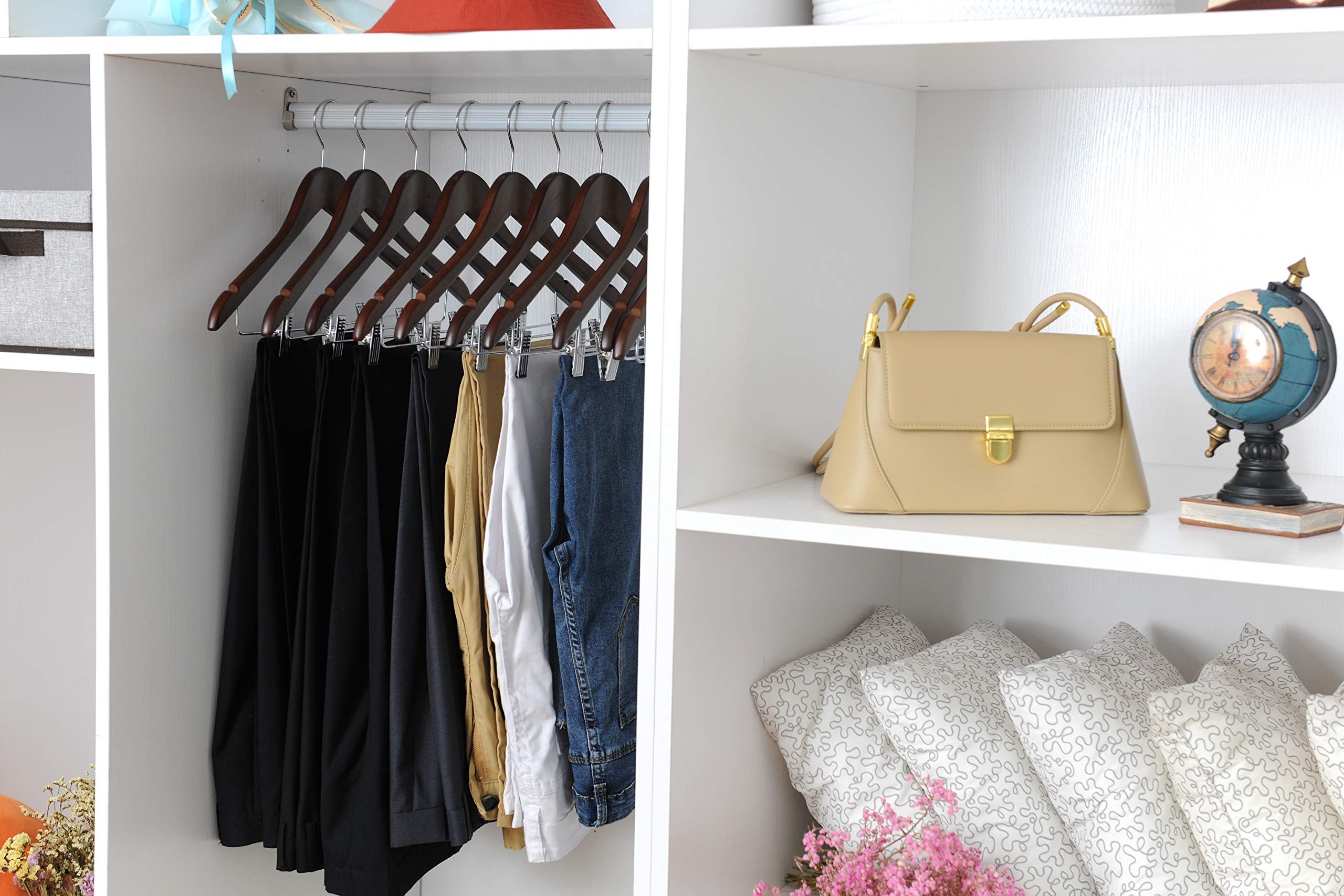Quality Wooden Skirt Hangers with Clips  10-Pack Smooth Solid Wood Pants Hangers with Durable Adjustable Metal Clips  Swivel Hook  Coat  Jacket  Blouse Suit Hangers (Walnut - Chrome Hook  10)