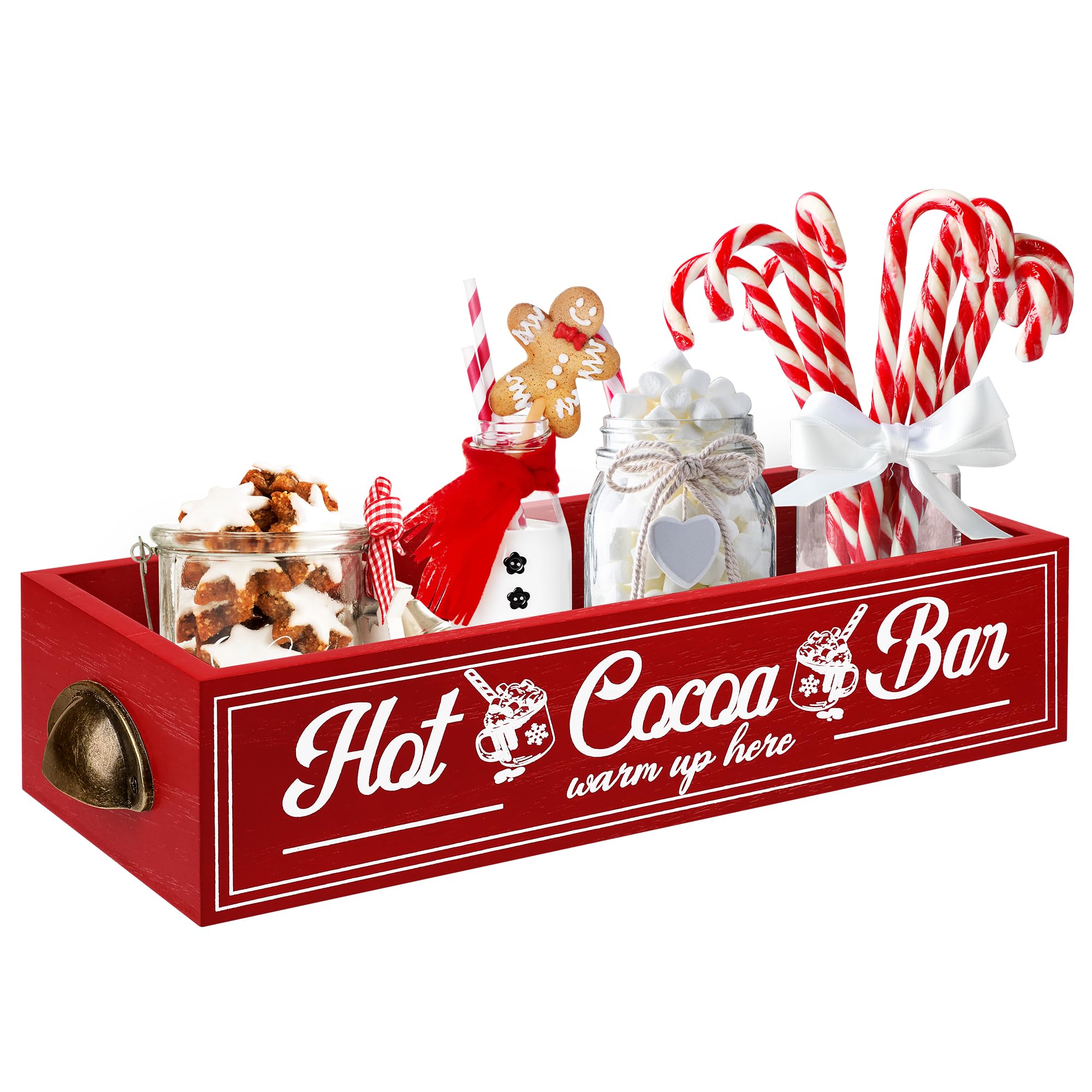 TURSTIN Christmas Hot Cocoa Bar Wood Storage Box Rustic Farmhouse Hot Cocoa Bar Accessories With Handle Decorative Christmas Woo
