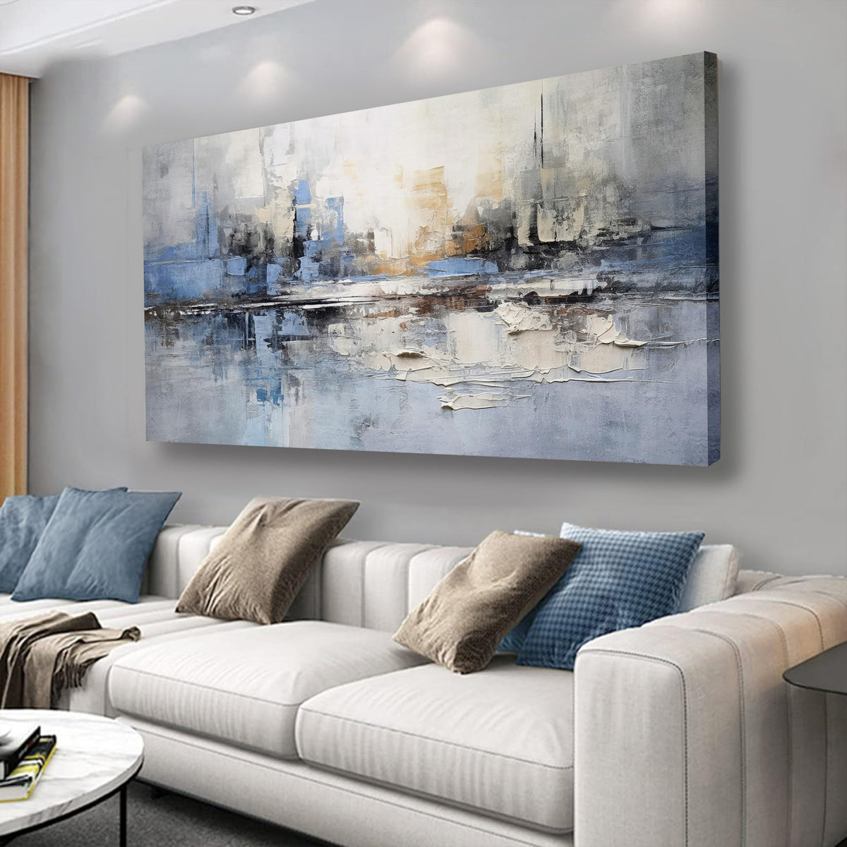 Vhming Abstract Wall Art Wall Decor Blue And Gray White Modern Canvas Wall Paintings Abstract Artwork For Living Room Bedroom Ba