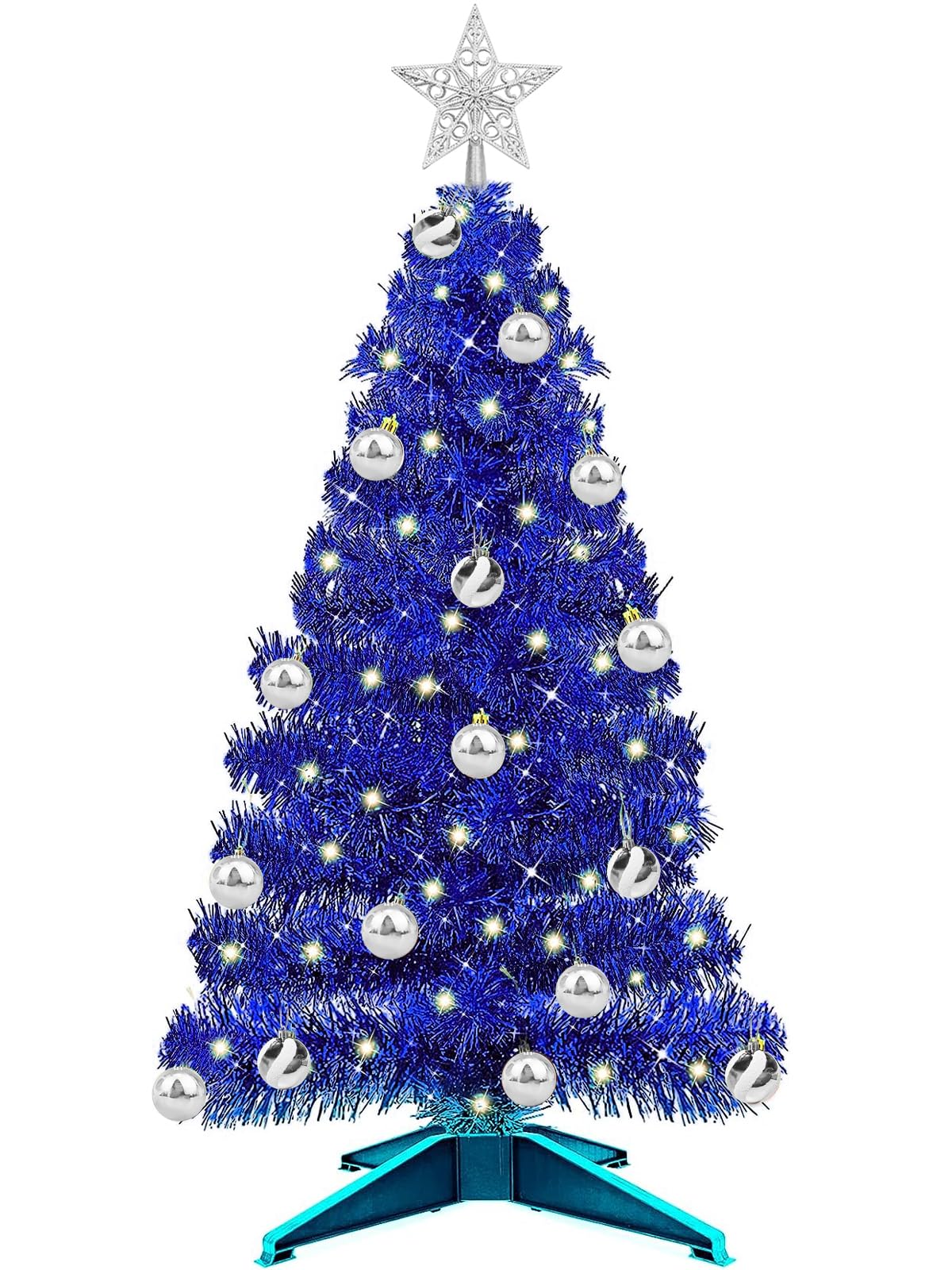 TURNMEON 3 Ft Christmas Hanukkah Tree with Lights Timer 15 DIY Ball Ornament Star Blue Small Tinsel Tree Battery Operated Christ