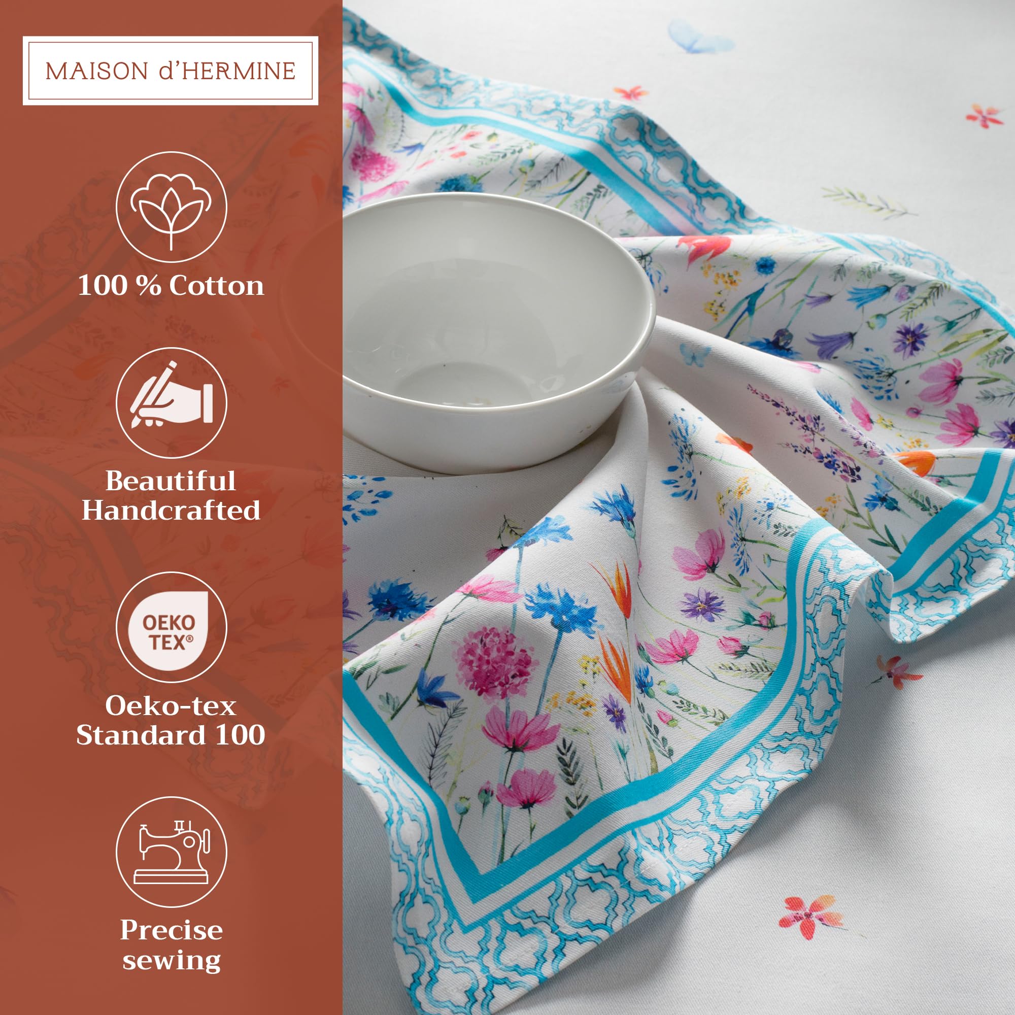 Maison d' Hermine Napkins 100% Cotton Set of 4 Decorative Cloth Napkin Washable Dinner Napkins for Gifts  Holiday  Dinner  Wedding & Dining  Flower in The Field - Spring/Summer (20?x20?)