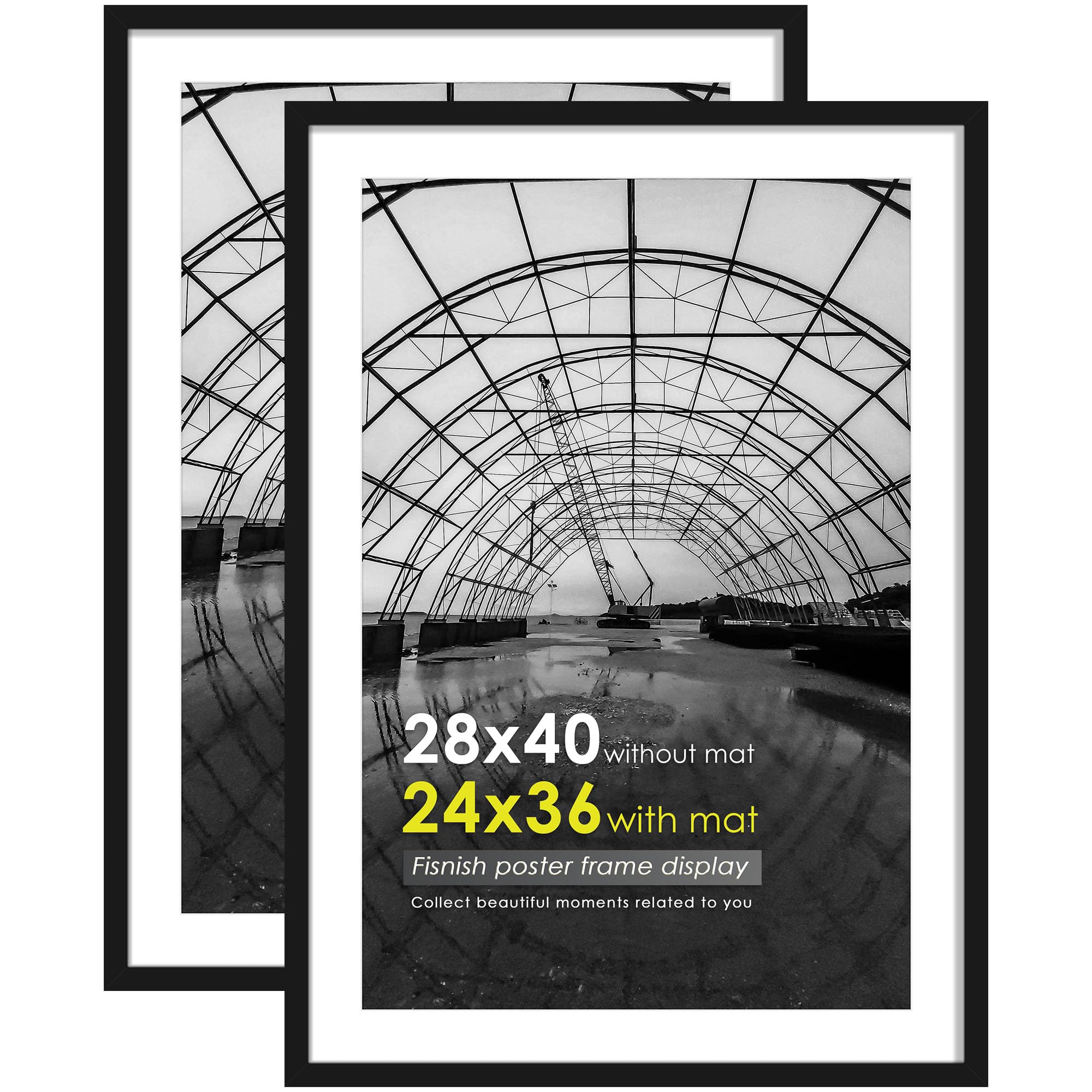 Fisnish 28x40 Picture Frame Black 2 Pack, Display Pictures 24x36 with Mat or 28 x 40 Without Mat, Classic Poster Frame for Horiz