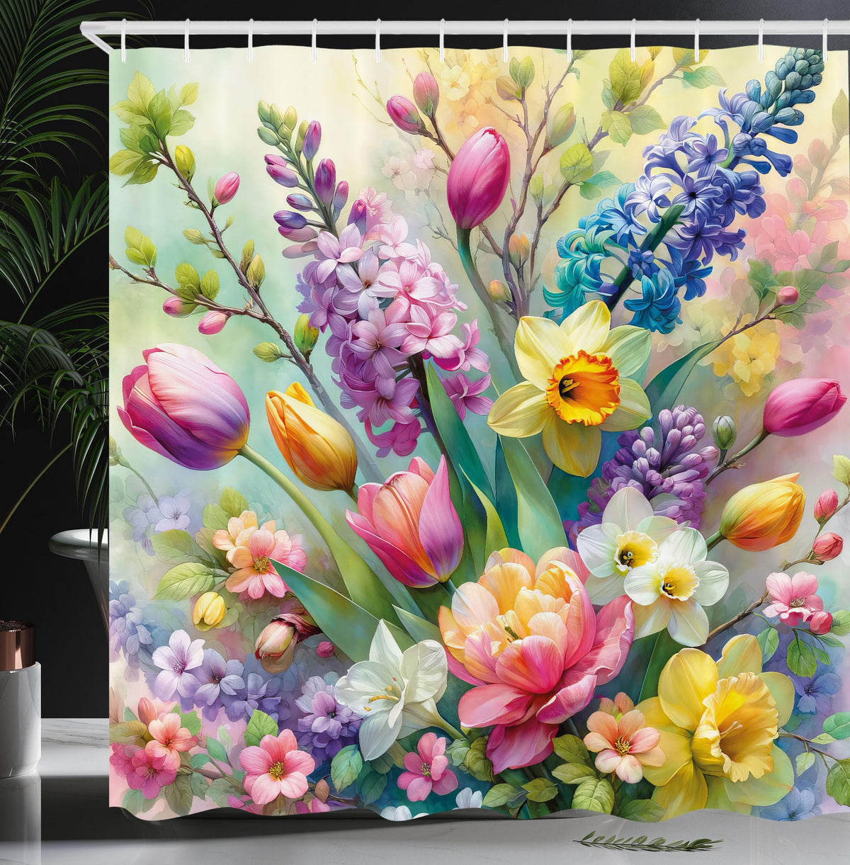 Ambesonne Spring Shower Curtain, Colorful Dreamy Scenario Of Blooming Roses Lavender And Peony With Leaves, Cloth Fabric Bathroo