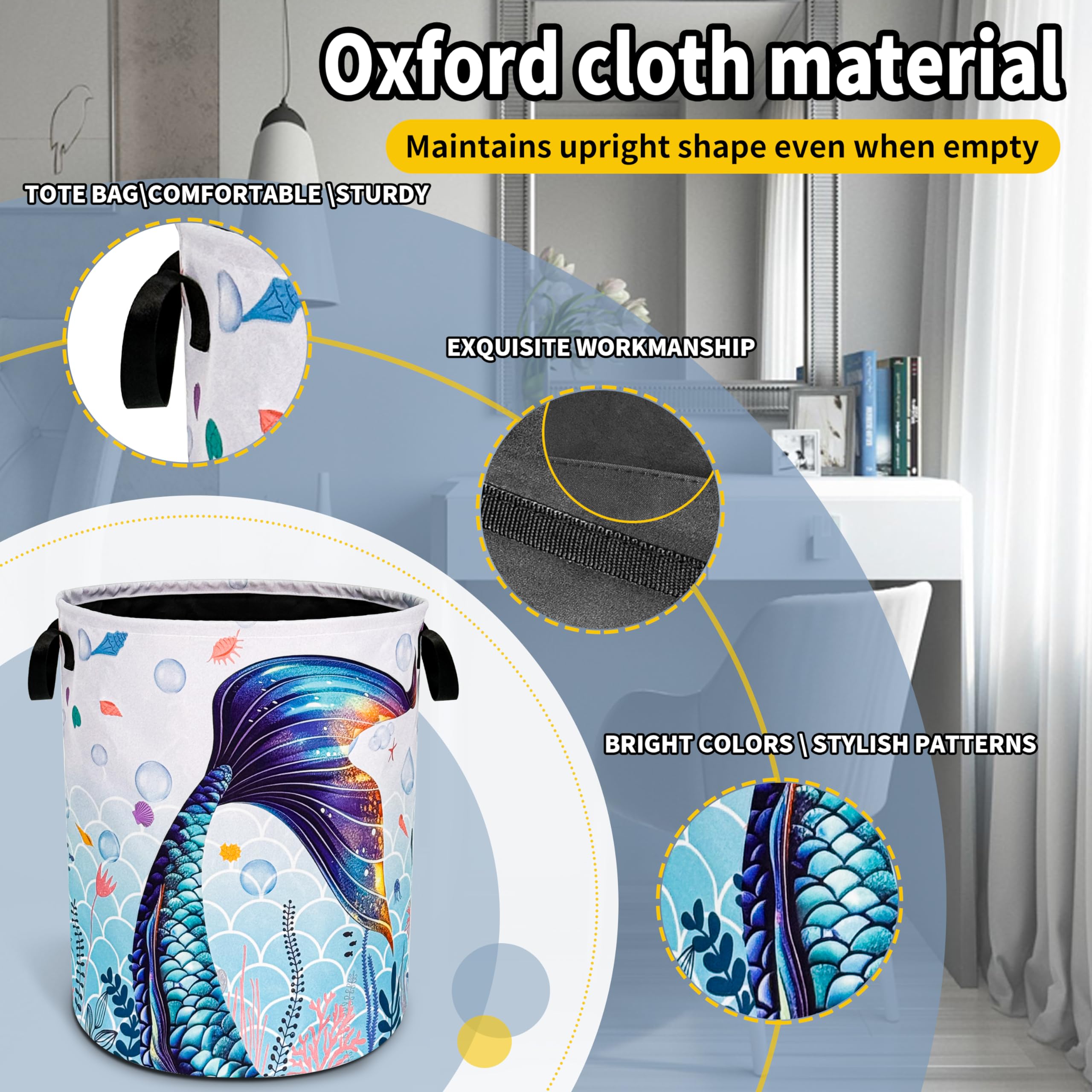 Blue Purple Mermaid Tail Laundry Basket Beautiful Foldable Oxford Cloth Funny Tote Bag Laundry Hamper Clothes Storage Bucket Toy