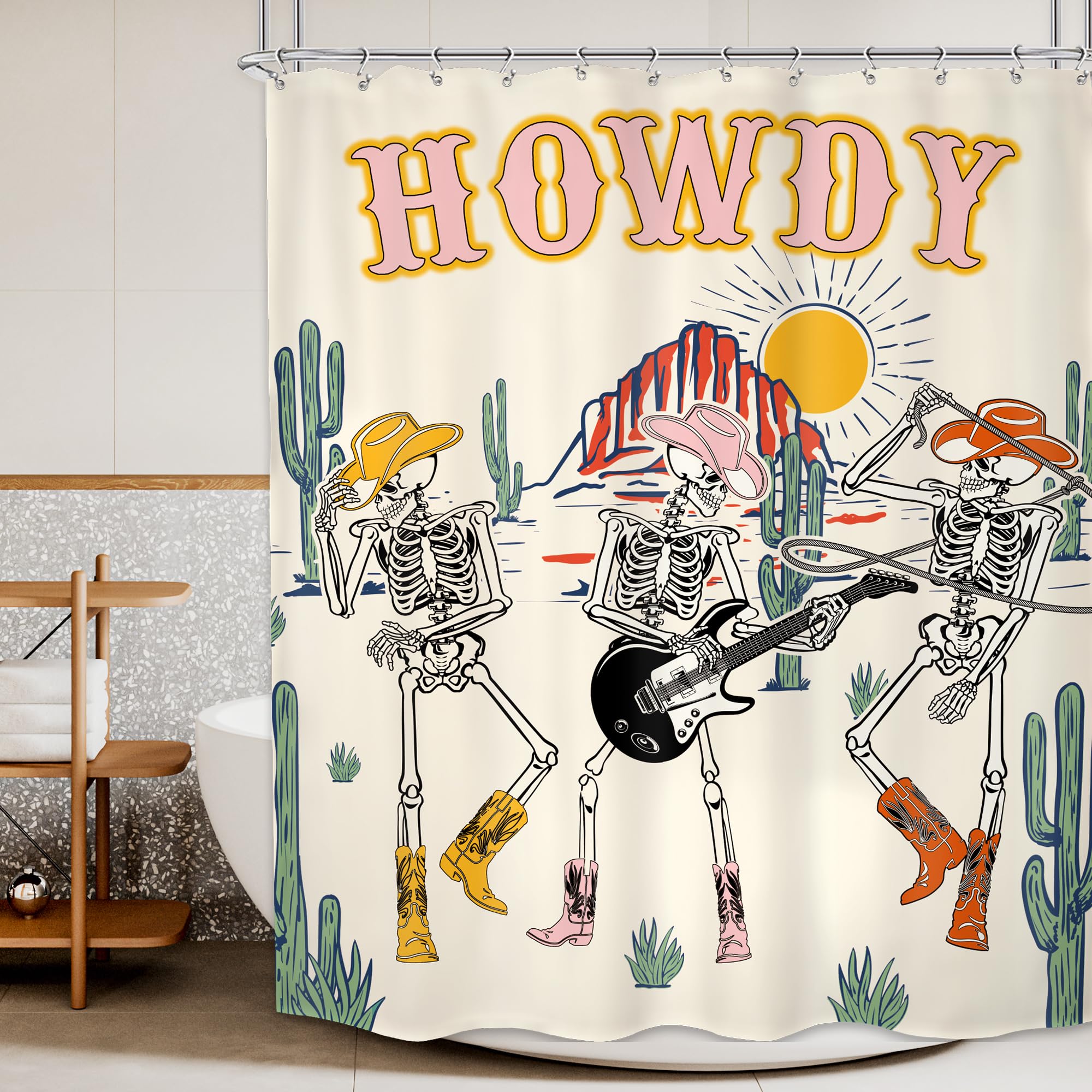 Mitpok Western Cowboy Skull Shower Curtain Funny Halloween Skeleton Retro Howdy Wild West Desert Gothic Guitar Rustic Mountain C
