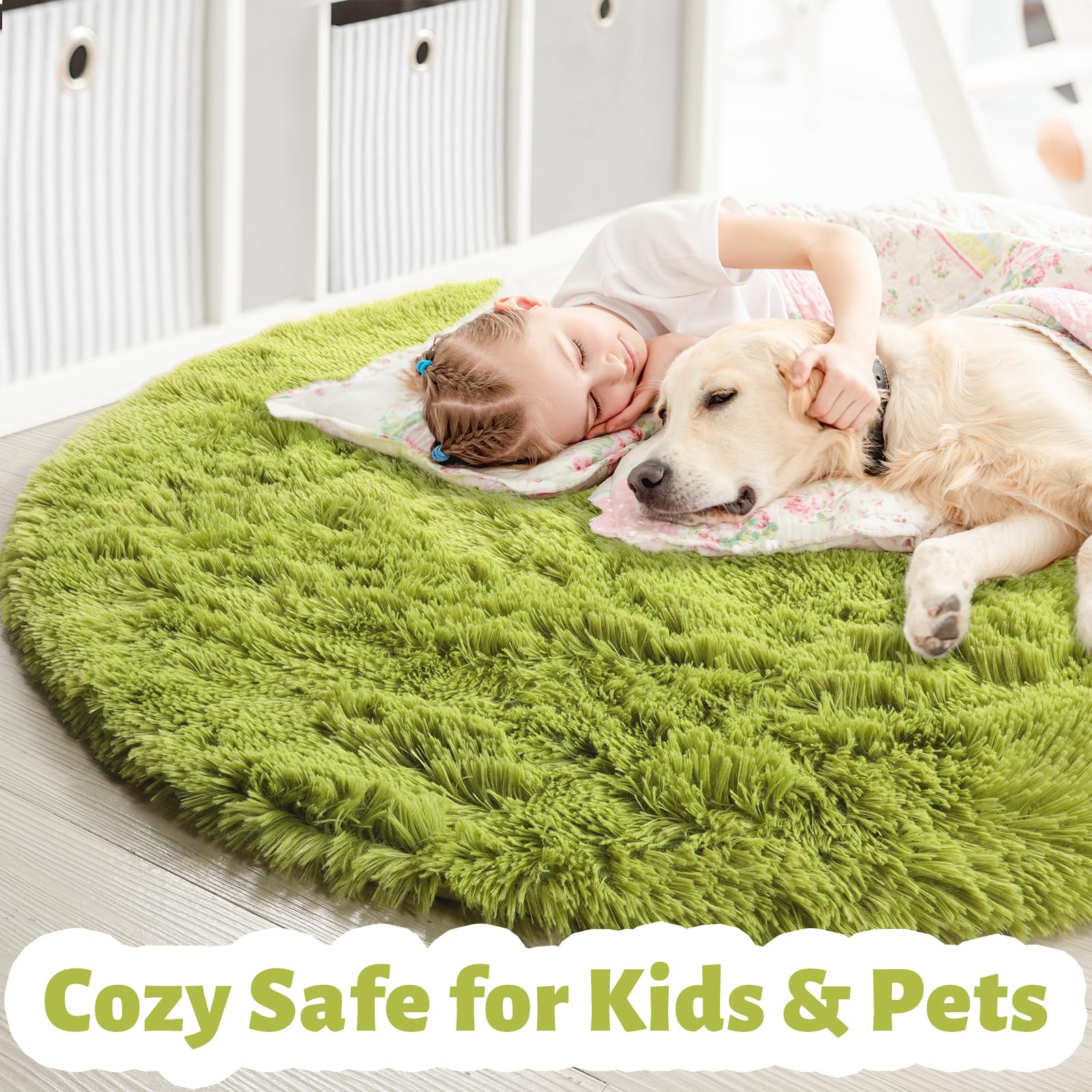 Amdrebio Grass Green Round Area Rug 7Ft for Living Room Bedroom Decor Aesthetic, Large Fluffy Shaggy Fuzzy Circle Rugs for Baby