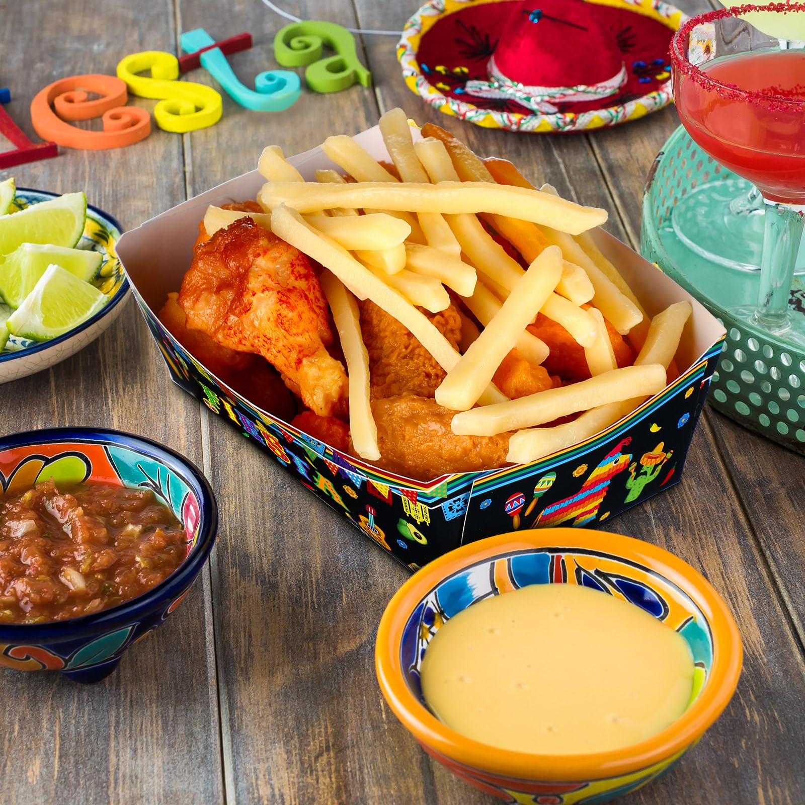 50 Pieces Fiesta Snack Trays Party Supplies Cinco De Mayo Nacho Paper Food Trays Mexican Theme Decorations Day Of The Dead Popco