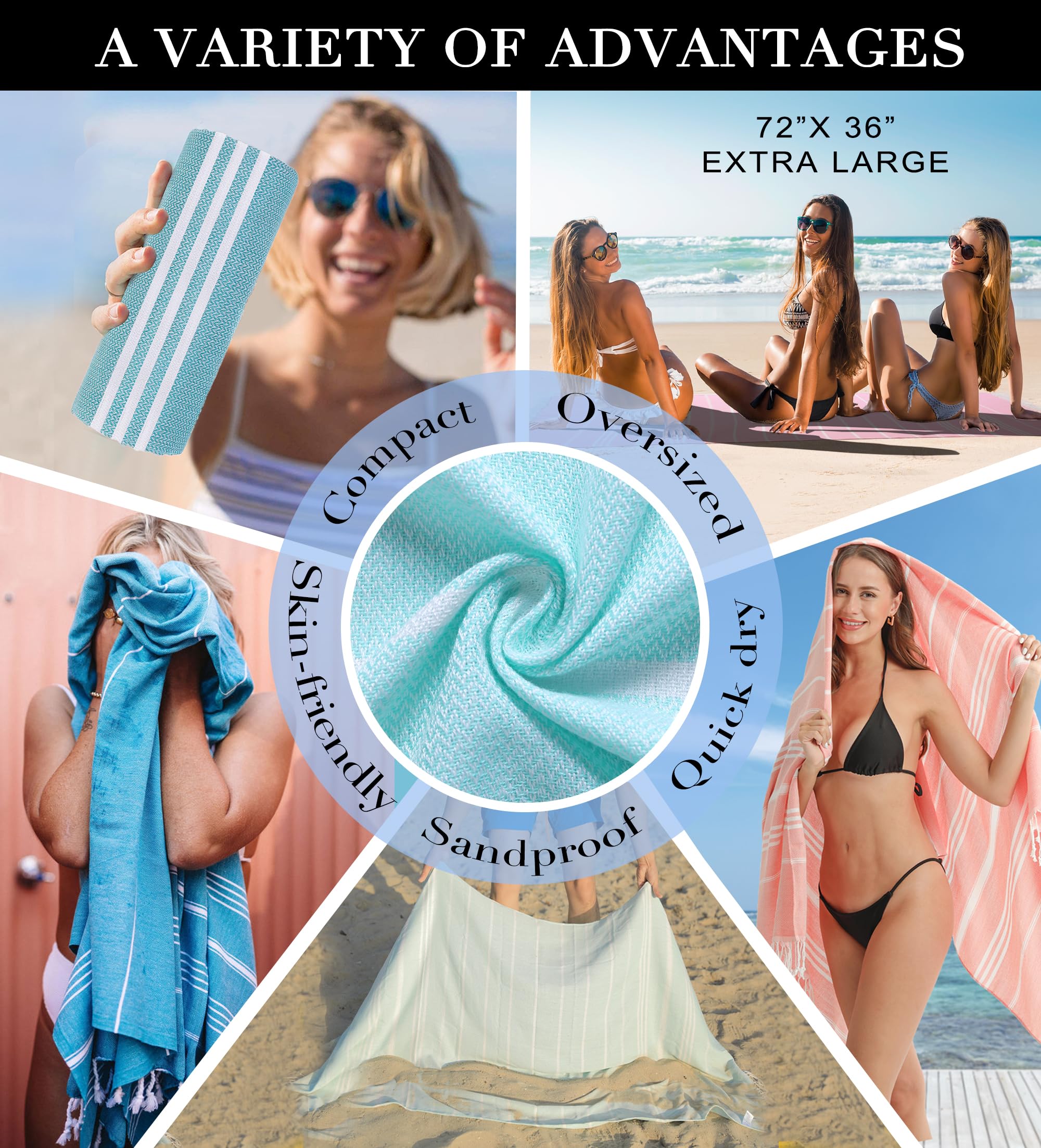 2 Packs Cotton Turkish Beach Towels Swim Towel Compact Oversized Sand Free Quick Dry Thin Luxury Best Organic Linen Toallas De P