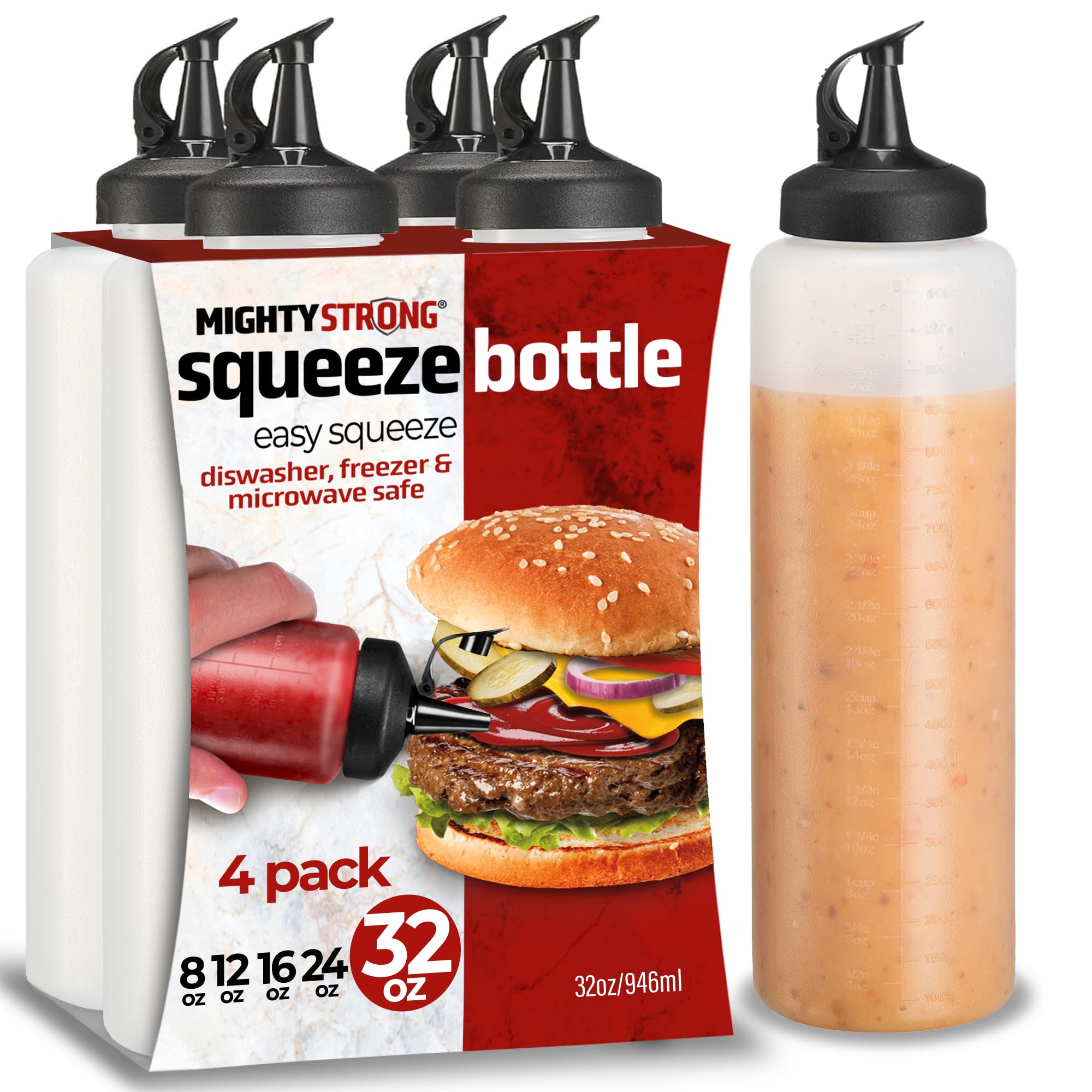 MIGHTY STRONG Condiment Squeeze Bottles - 32 Oz Squirt Bottles for Liquids, Easy Pour Sauce Bottles with Leak Proof Snap Cap