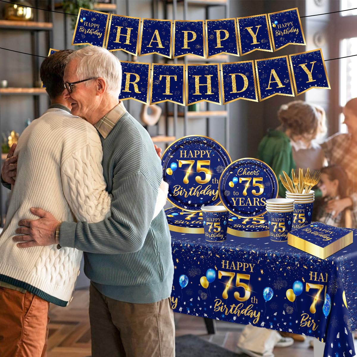 75Th Birthday Decoration Men-142Pcs Navy Blue And Gold Birthday Tableware Set(Serve For 20) Include Happy 75Th Birthday Banner P
