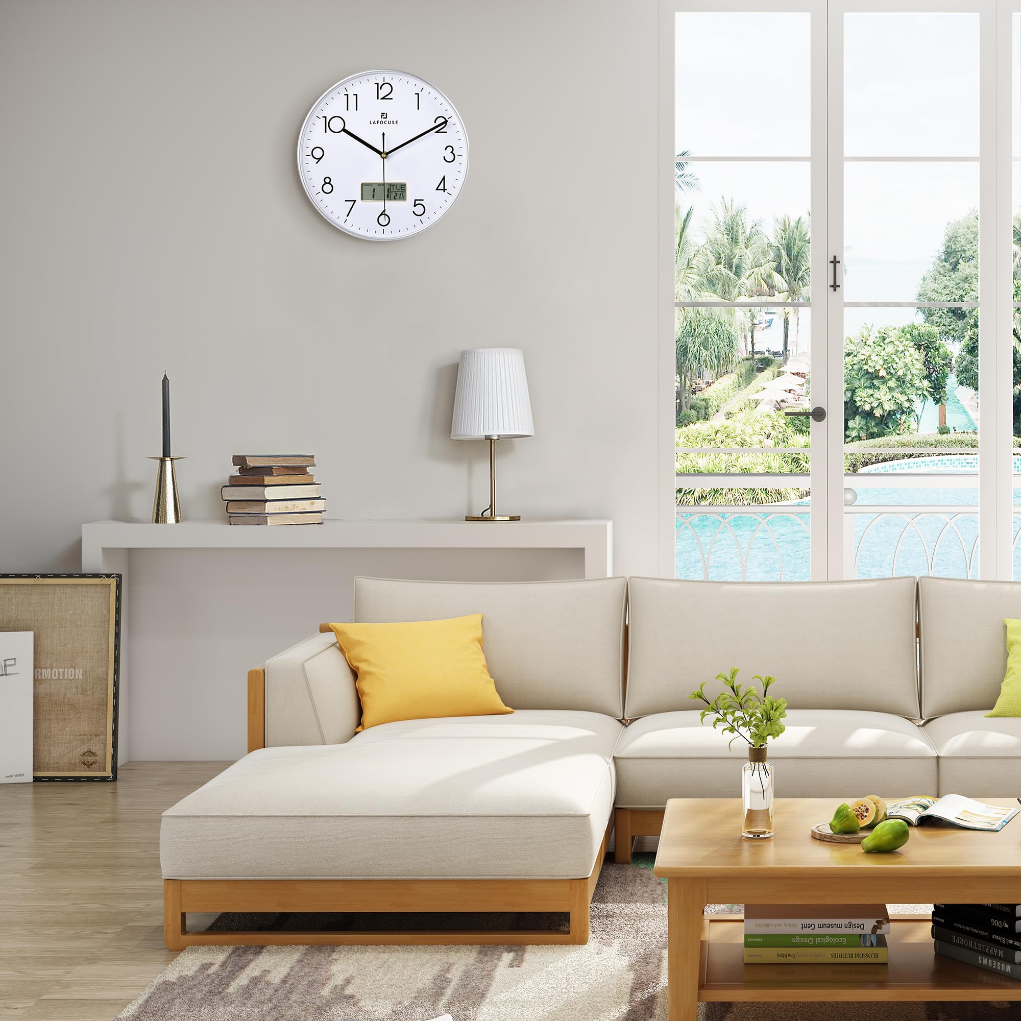 Lafocuse Silver Wall clock with Date Month Day of Week and Temperature  Silent Non-Ticking Battery Operated clock for Living Room Bedroom Office Decor