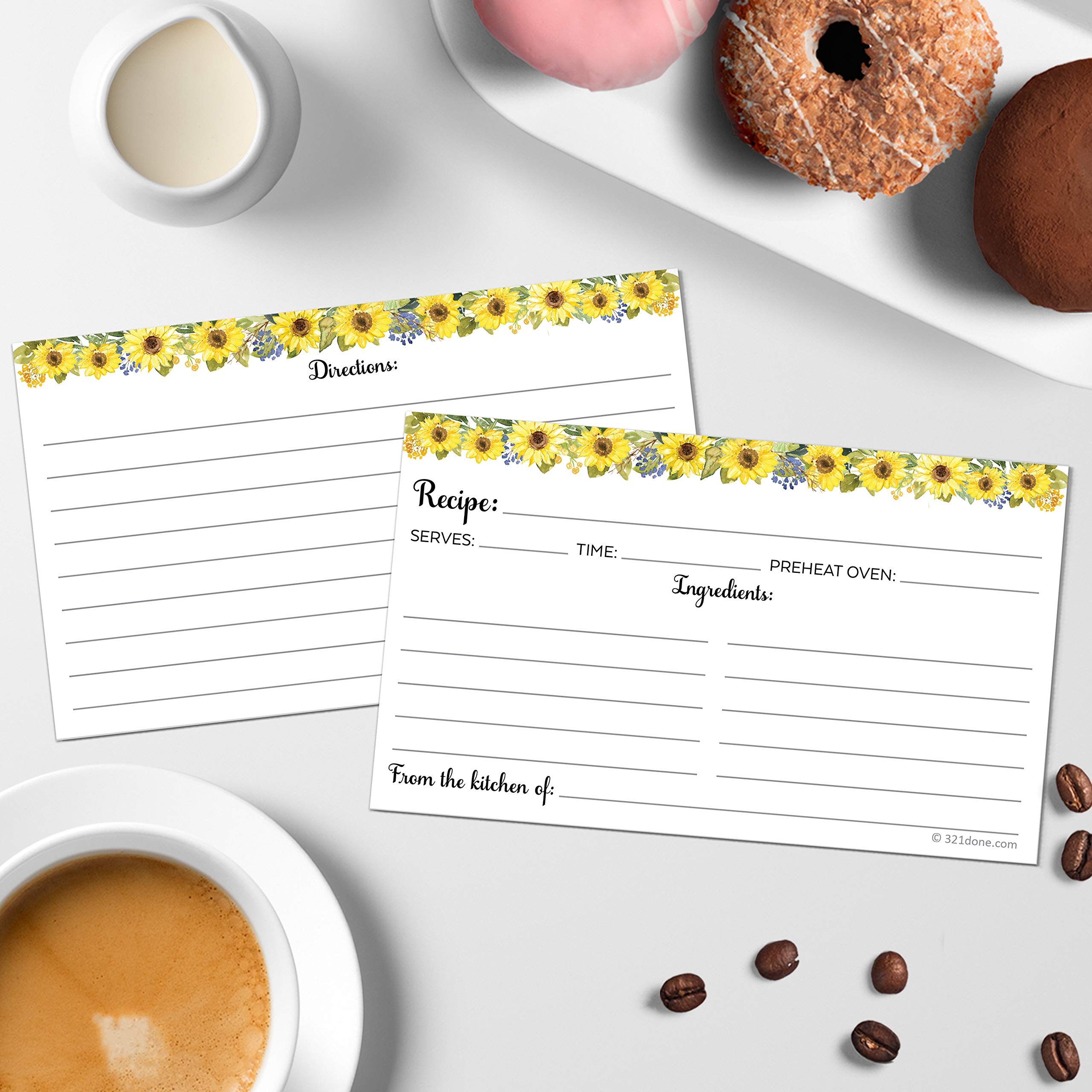 321Done Sunflower Recipe Cards (Set of 50) Small 3'' x 5'' - From the Kitchen Of White - Double-Sided for Weddings  Bridal  Baby Shower - Made in USA