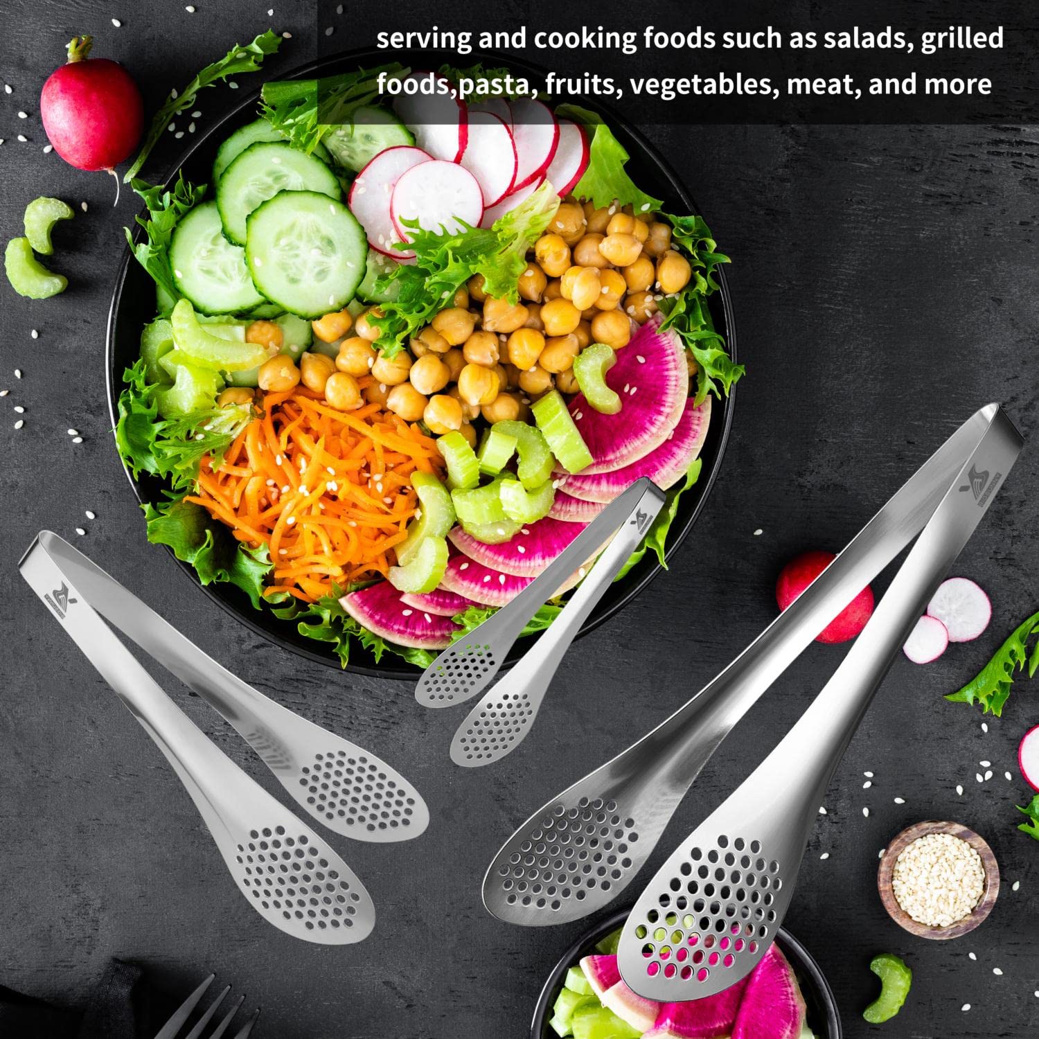 Msy Bigsunny Chef Kitchen Tongs Stainless Steel Food Serving Tongs Set Buffet Tongs (Silver 7'' 9'' & 11'', 3 Pack)