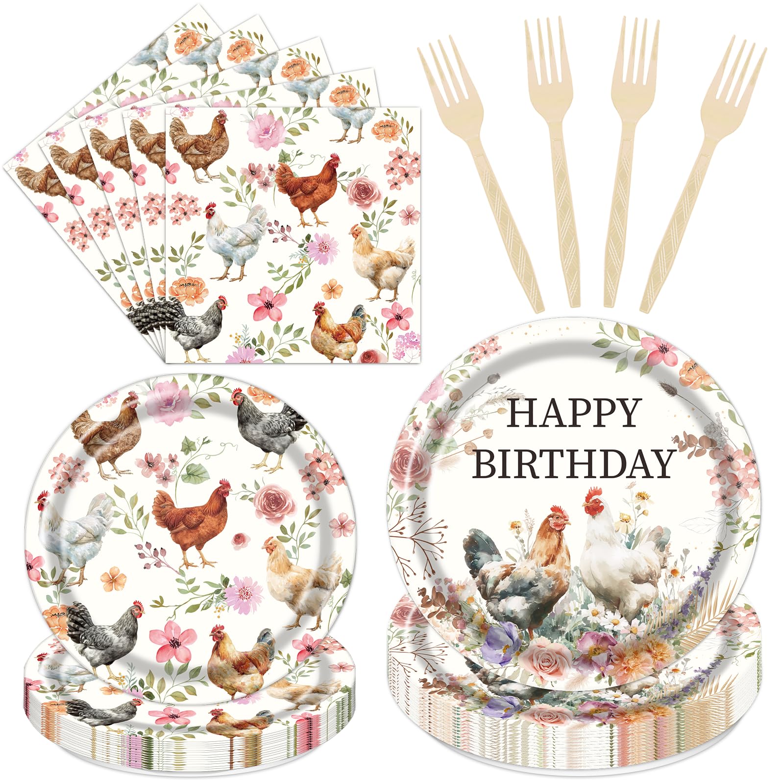 Yoyuspy Chicken Birthday Party Decorations Tableware - 96PCS Chicken Paper Plates and Napkins Forks Decoration Set Farm Barnyard