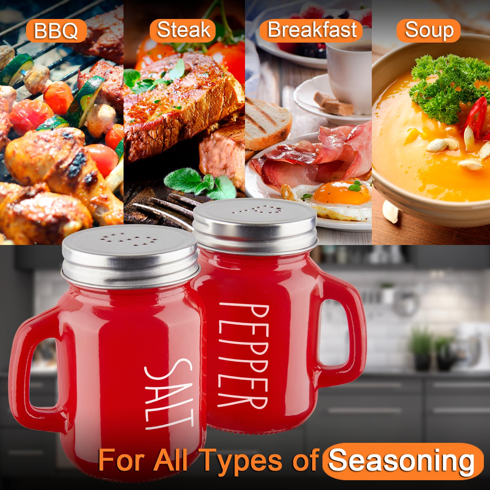 Red Salt And Pepper Shakers Set, Zosujo 4 Oz Cute Modern Glass Christmas Red Shaker Sets With Stainless Steel Lids, Red Kitchen