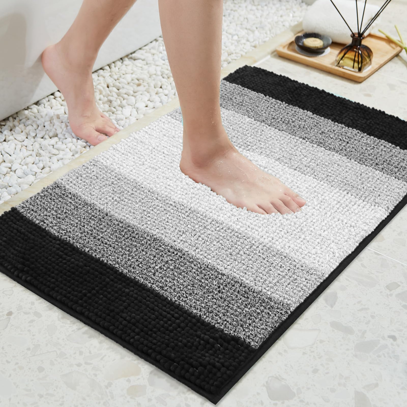 Techmilly Soft Fluffy Chenille Bathroom Rugs, Non Slip Absorbent Bath Mats For Bathroom, Washable And Quick Dry, Gradient Black,