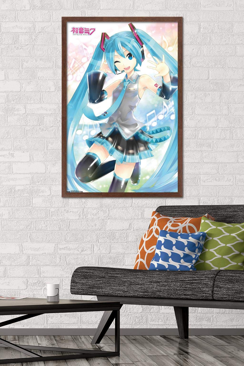 Trends International Waving Hatsune Miku Wall Poster, 22.375" x 34", Mahogany Framed Version, Model FR18558MAH22X34