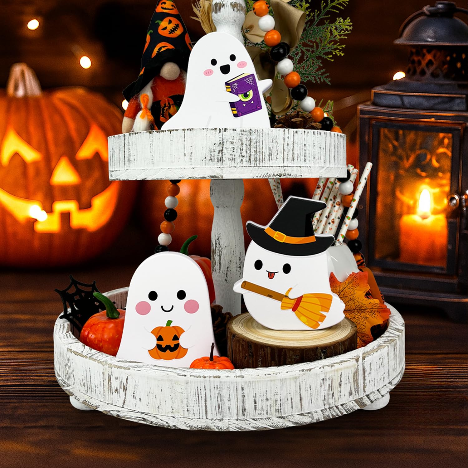 Halloween Table Decorations 3 Pcs, Cute Wooden Ghosts Party Decor for Indoor Home, Funny Signs for Tiered Tray Office, White Cen