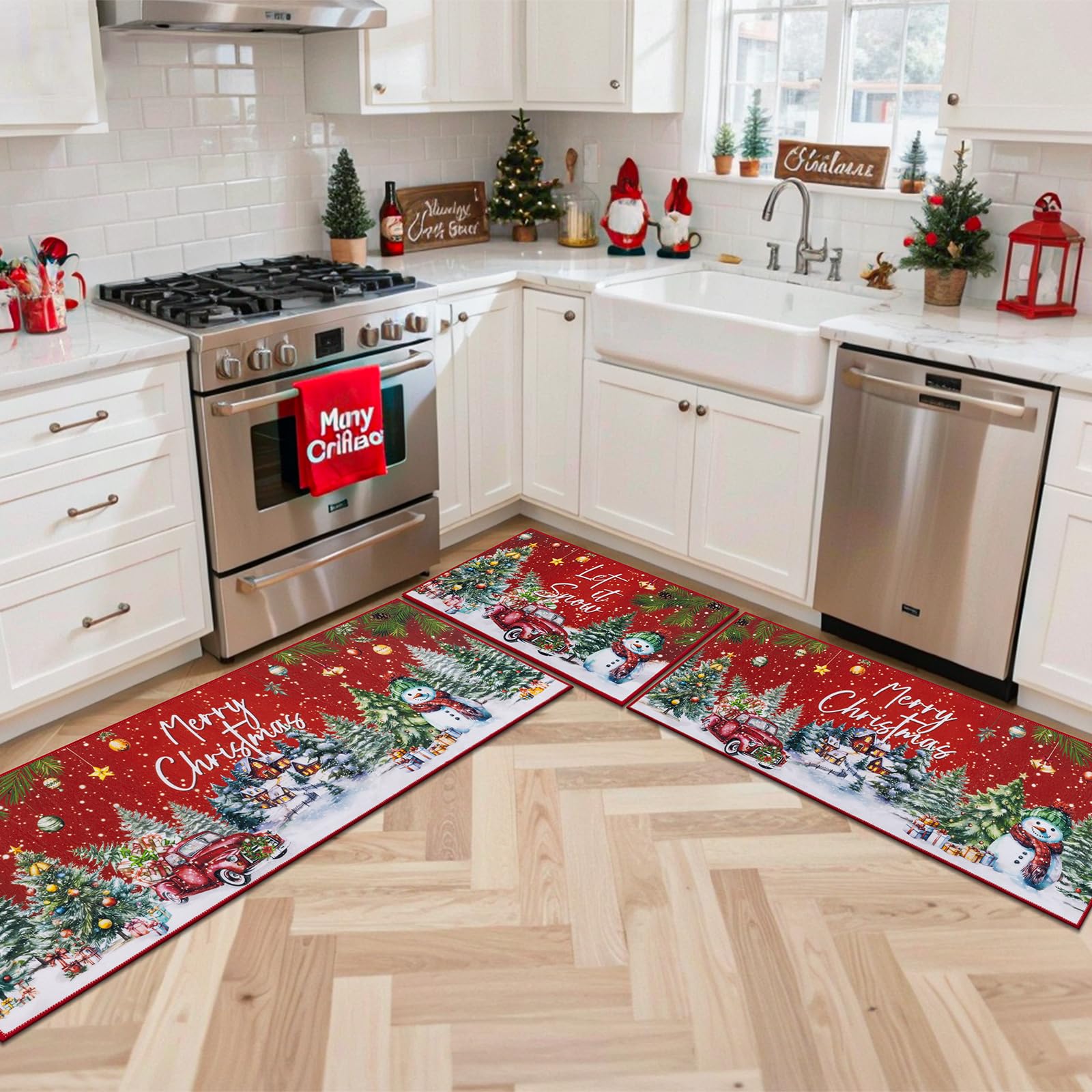 U Artlines Christmas Kitchen Rug and Mat Set of 3, Non Skid Merry Christmas Tree&Car Kitchen Mats for Home Decor, Washable Runn
