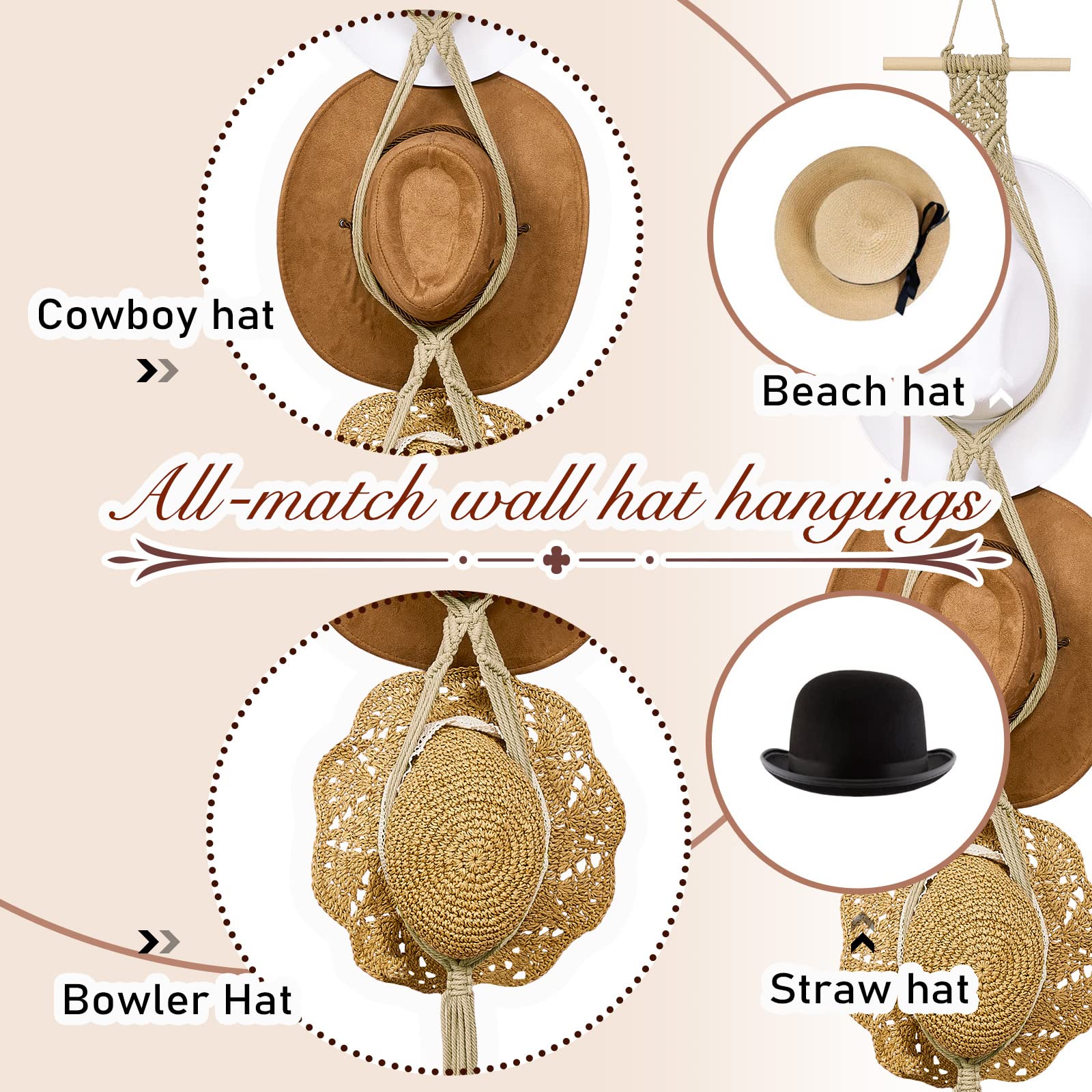 Yulejo Macrame Hat Hangers Boho Hat Rack Cowboy Hat Hanger Back of Door Hat Organizer (Beige Four Hats Style)
