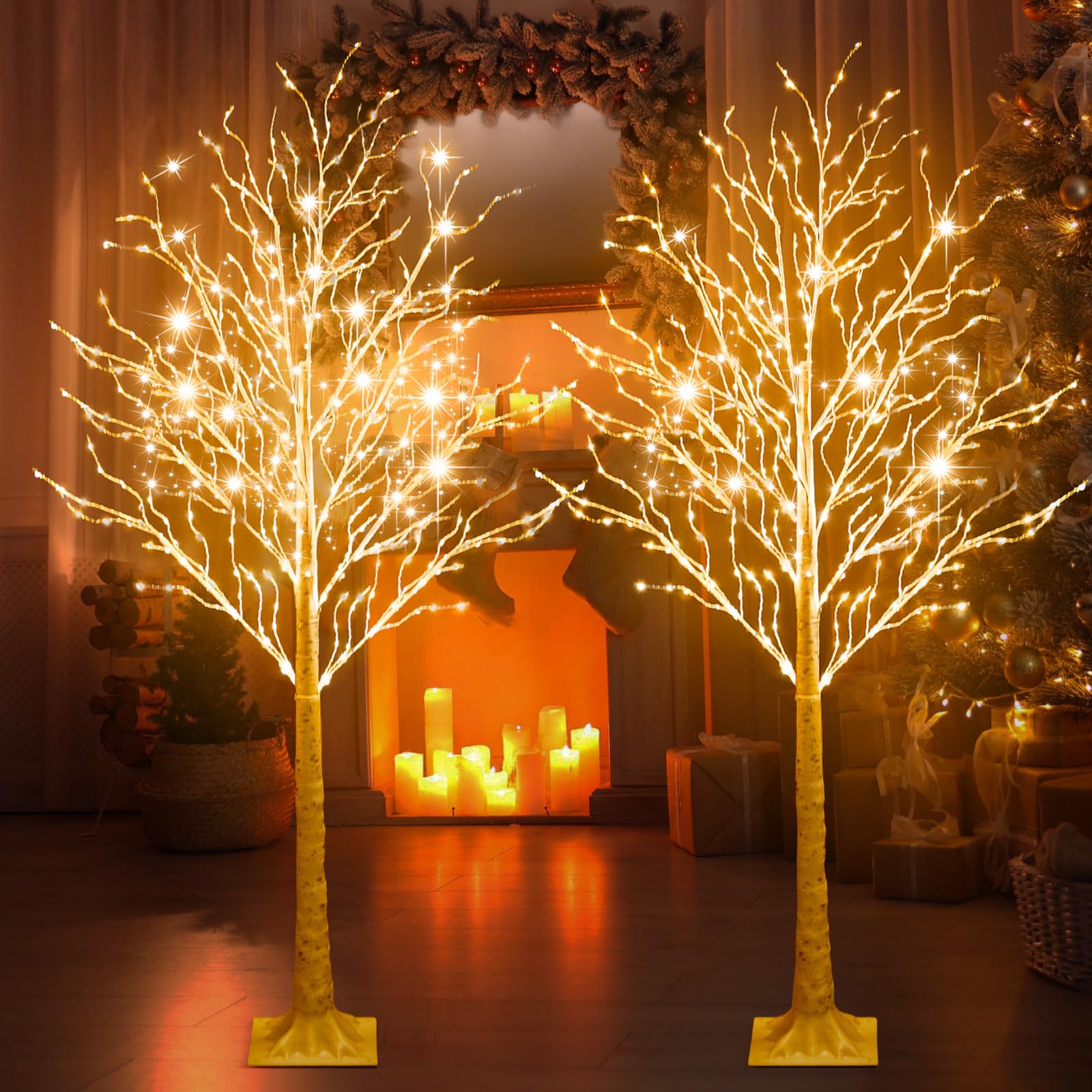 Aurelema 2 Pcs 6ft-400led Lighted Birch Tree 8 Modes Christmas Artificial LED Warm White Lights Birch Tree for Indoor and Outdoo