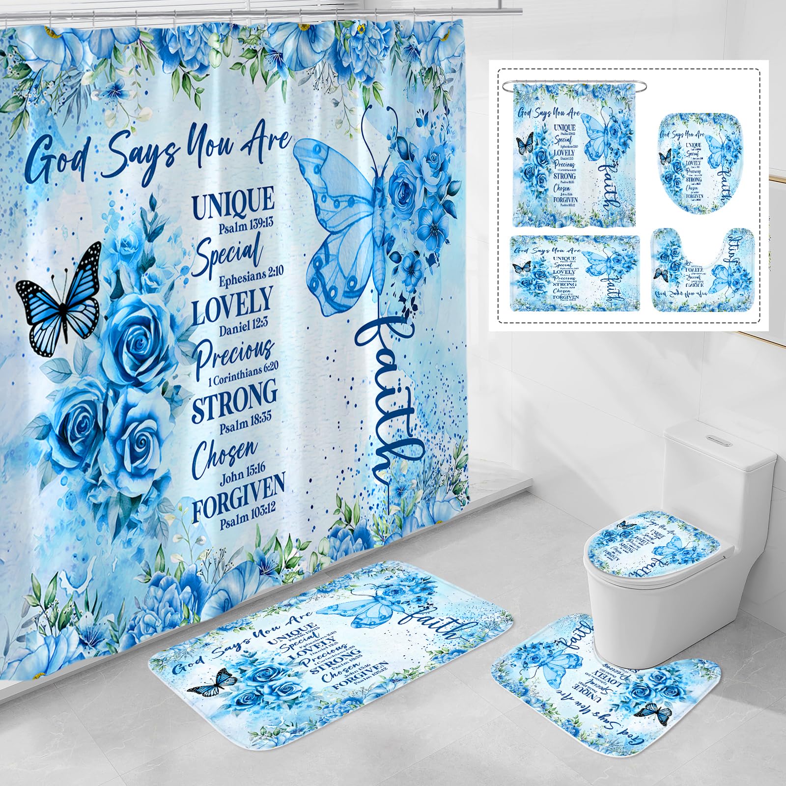 Litabel 4 Pcs Blue Butterfly Inspirational Quotes Shower Curtain Set With Rugs And Toilet Lid Cover, Colorful Boho Waterproof Fa