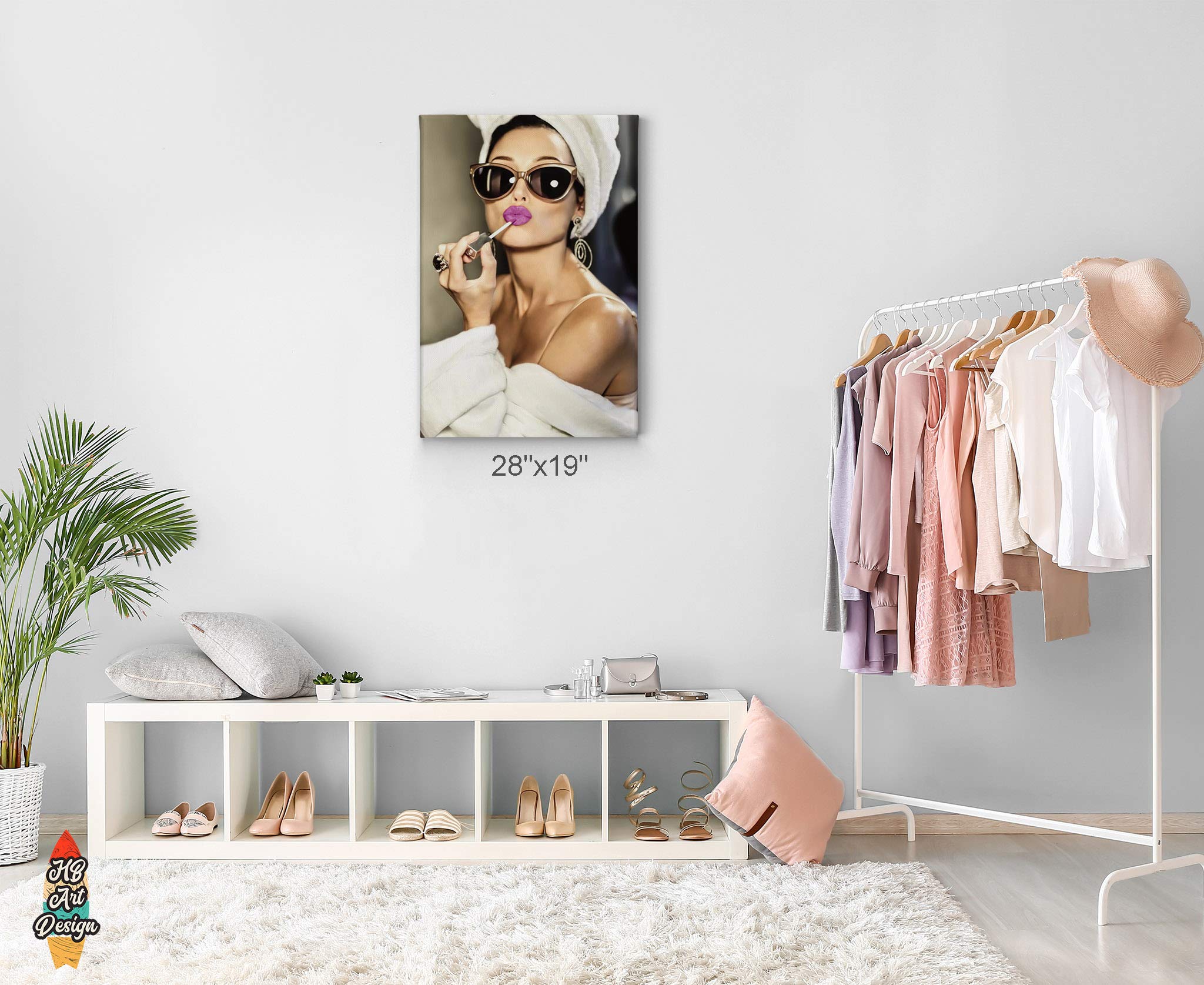Hb Art Design Audrey Hepburn Style Wall Art Purple Lips Canvas Print Lipstick Makeup Iconic Pop Art Glam Fashion Colored Wall Ar