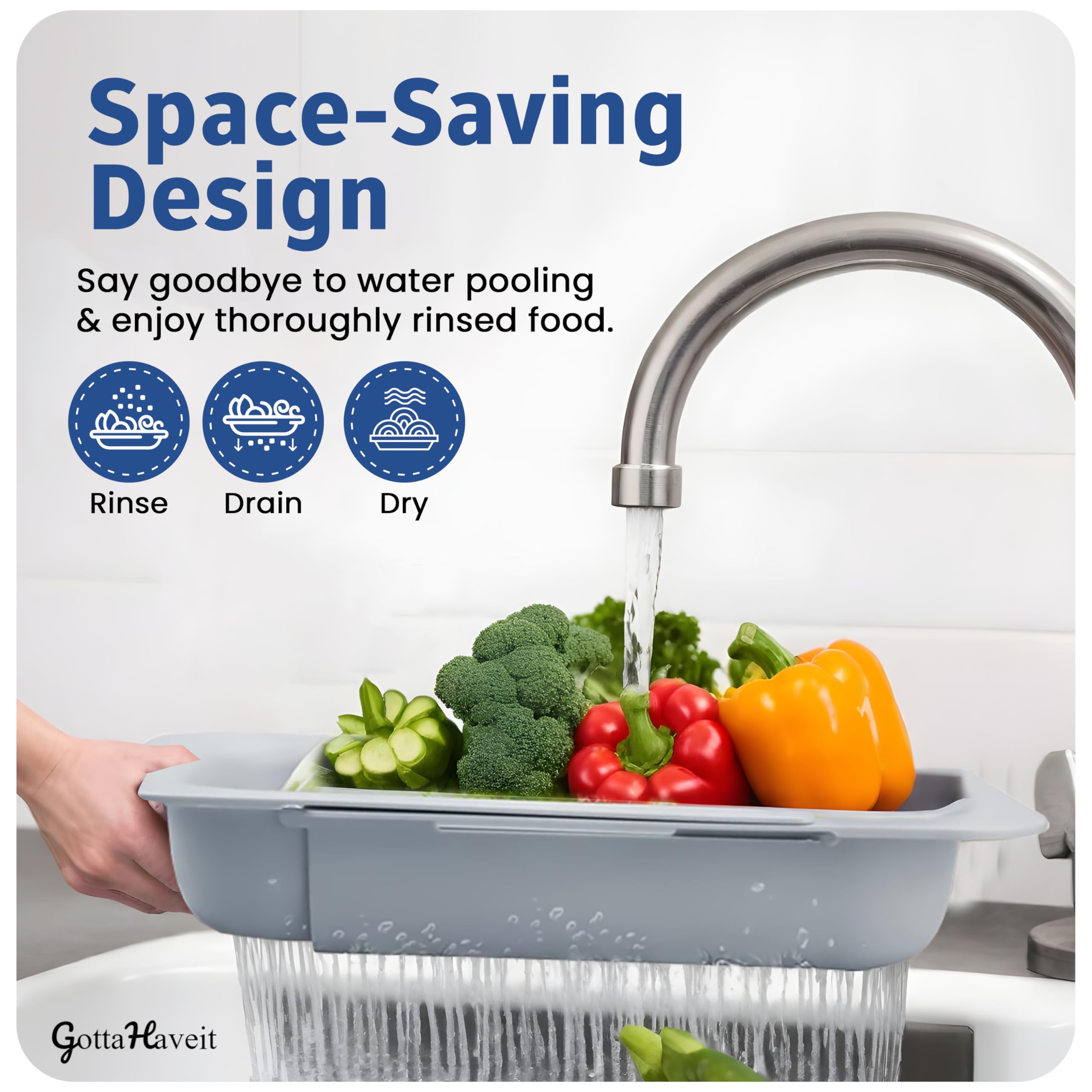 Gottahaveit Over The Sink Colander For Kitchen - Collapsible Strainer Basket, For Fruit And Vegetable Wash, Drain Pasta, Dry Dis