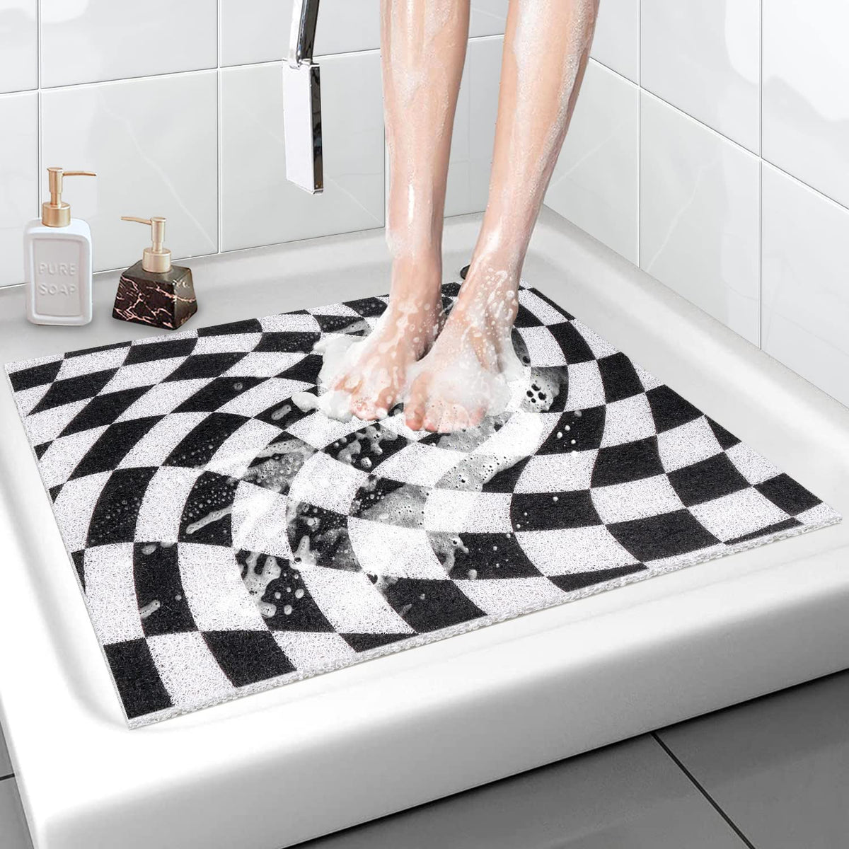 Square Shower Mat Non-Slip 24X 24 Inch, Soft Comfort Bath Mat With Drainage Holes, Pvc Loofah Massage Bathmat For Shower,Tub,Bat