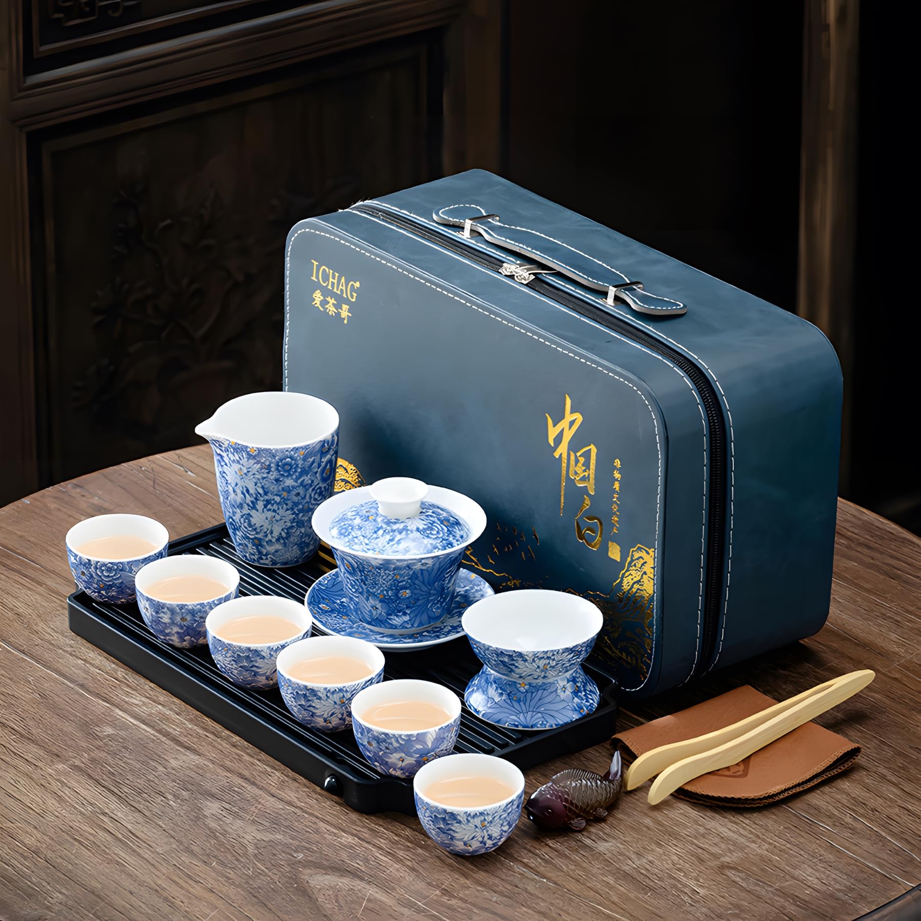 ICHAG Chinese Tea Set, Gongfu Tea Sets for Adults, Asian Gaiwan Teaset, 14-Piece Yangzhi Jade (?????) with Suspended Gaiwan & Te