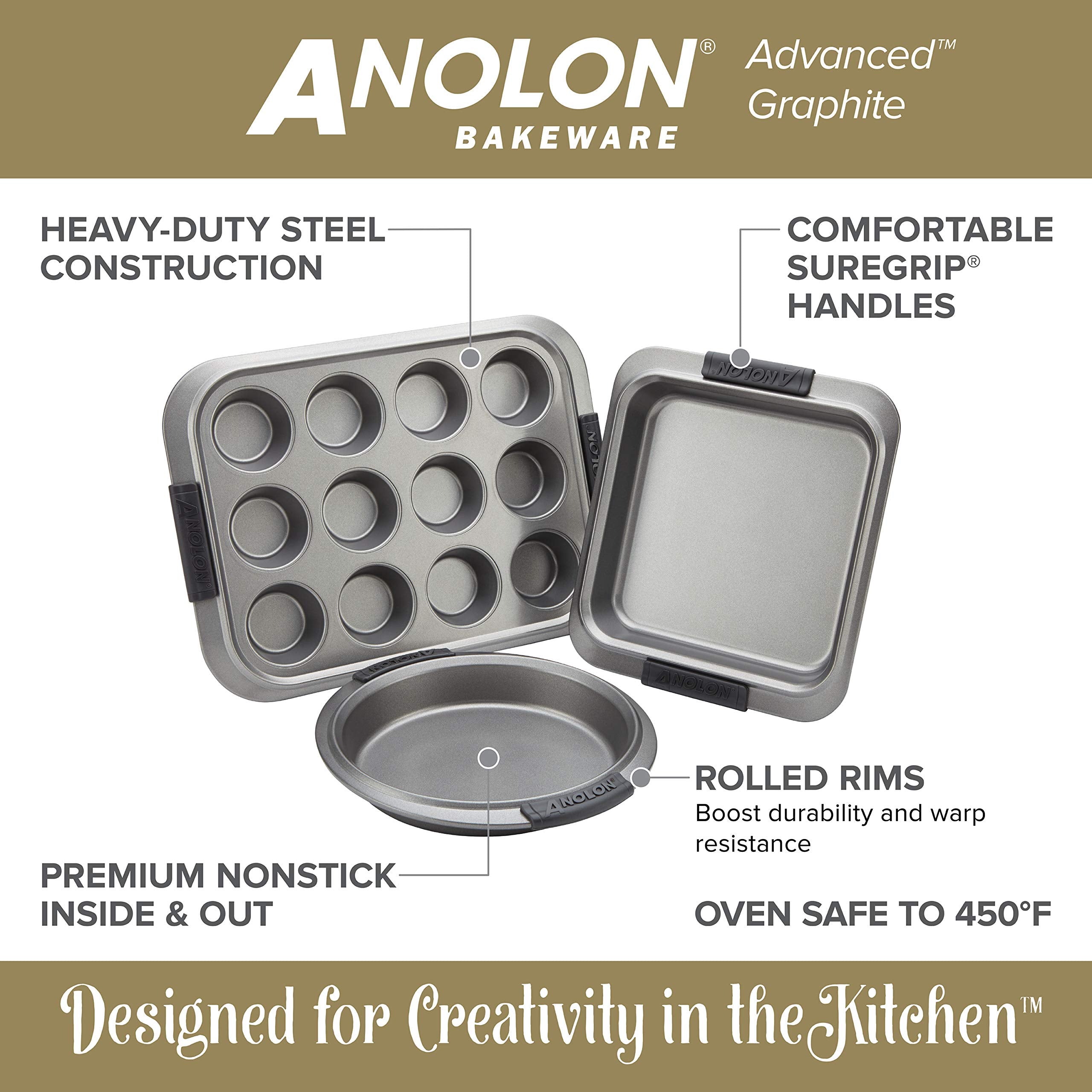 Anolon Advanced Nonstick Bakeware Set / Baking Pans With Grips - 5 Piece, Gray,57327