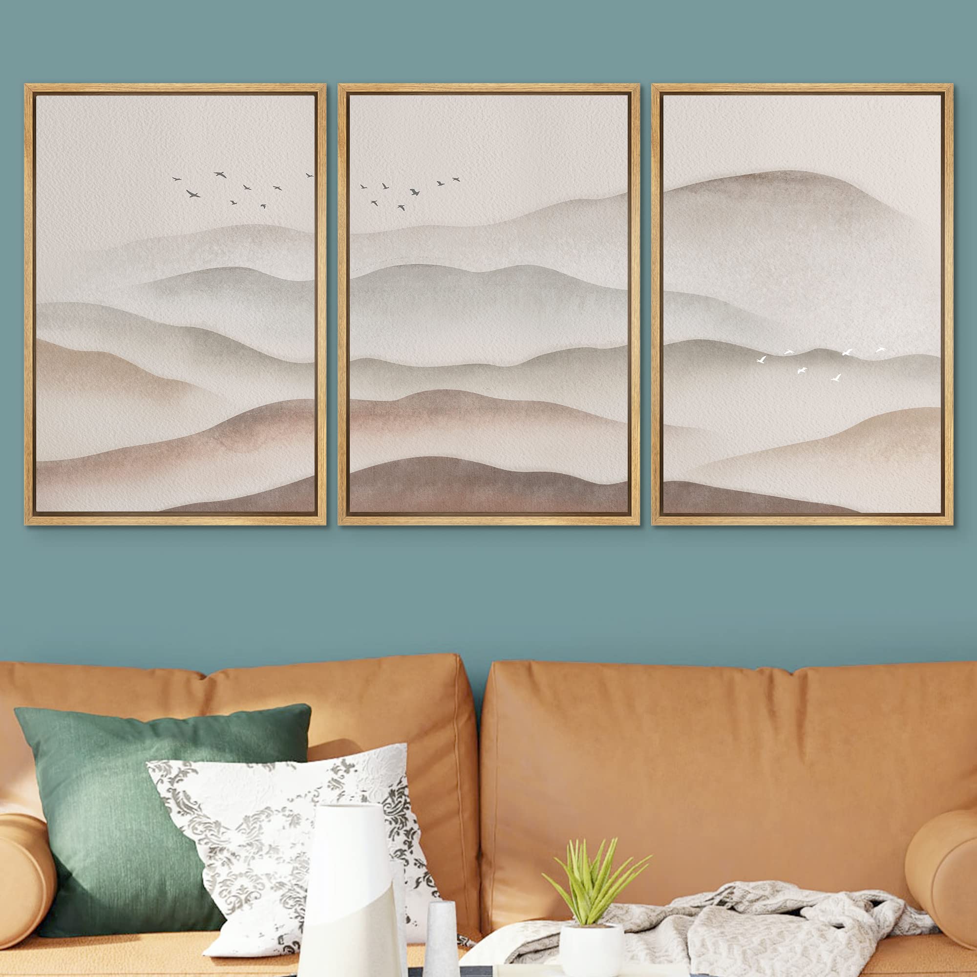 Signwin Framed Canvas Print Wall Art Set Pastel Brown Foggy Mountain Skyline Nature Wilderness Illustrations Modern Art Decorati